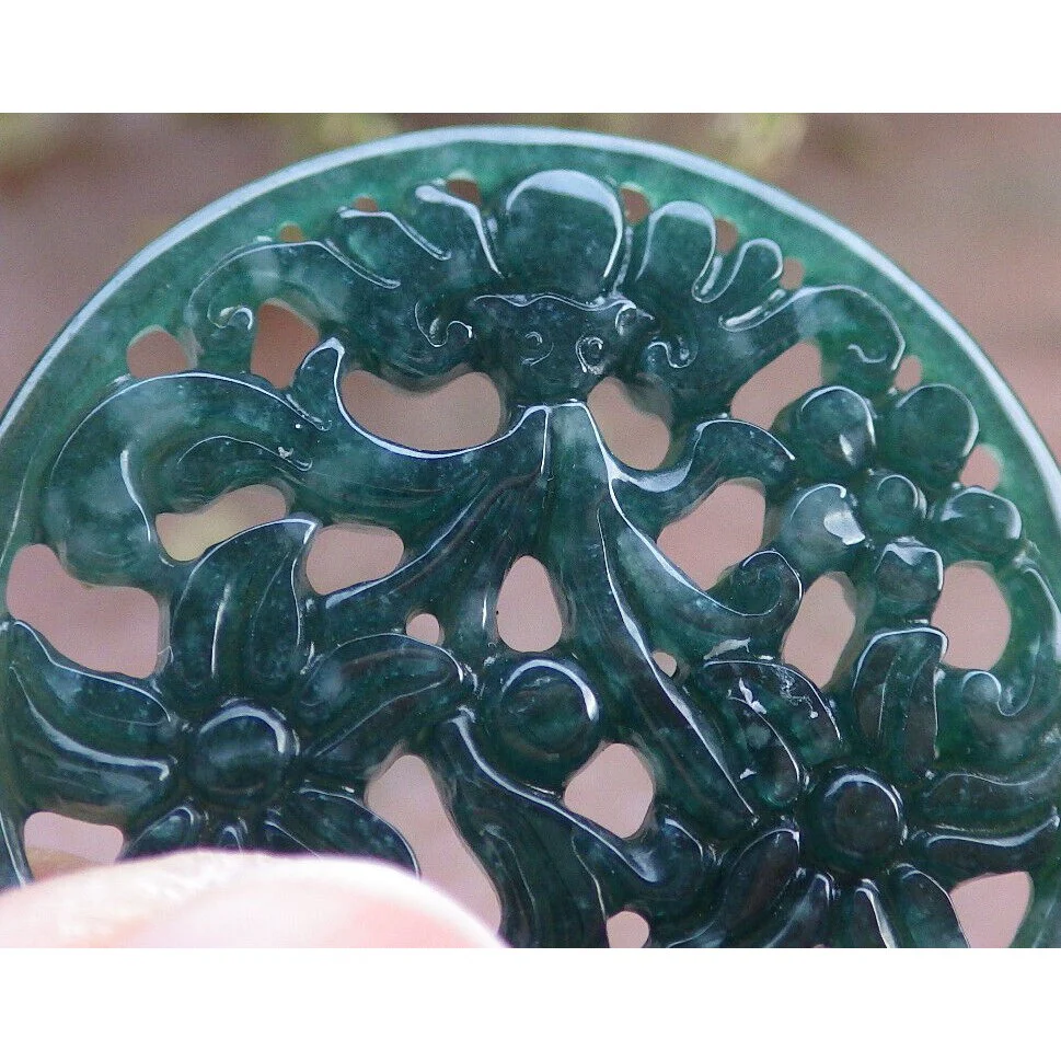 Certified Icy Green Natural Jade Jadeite Pendant Bat Flower Circle Necklace - Image 6