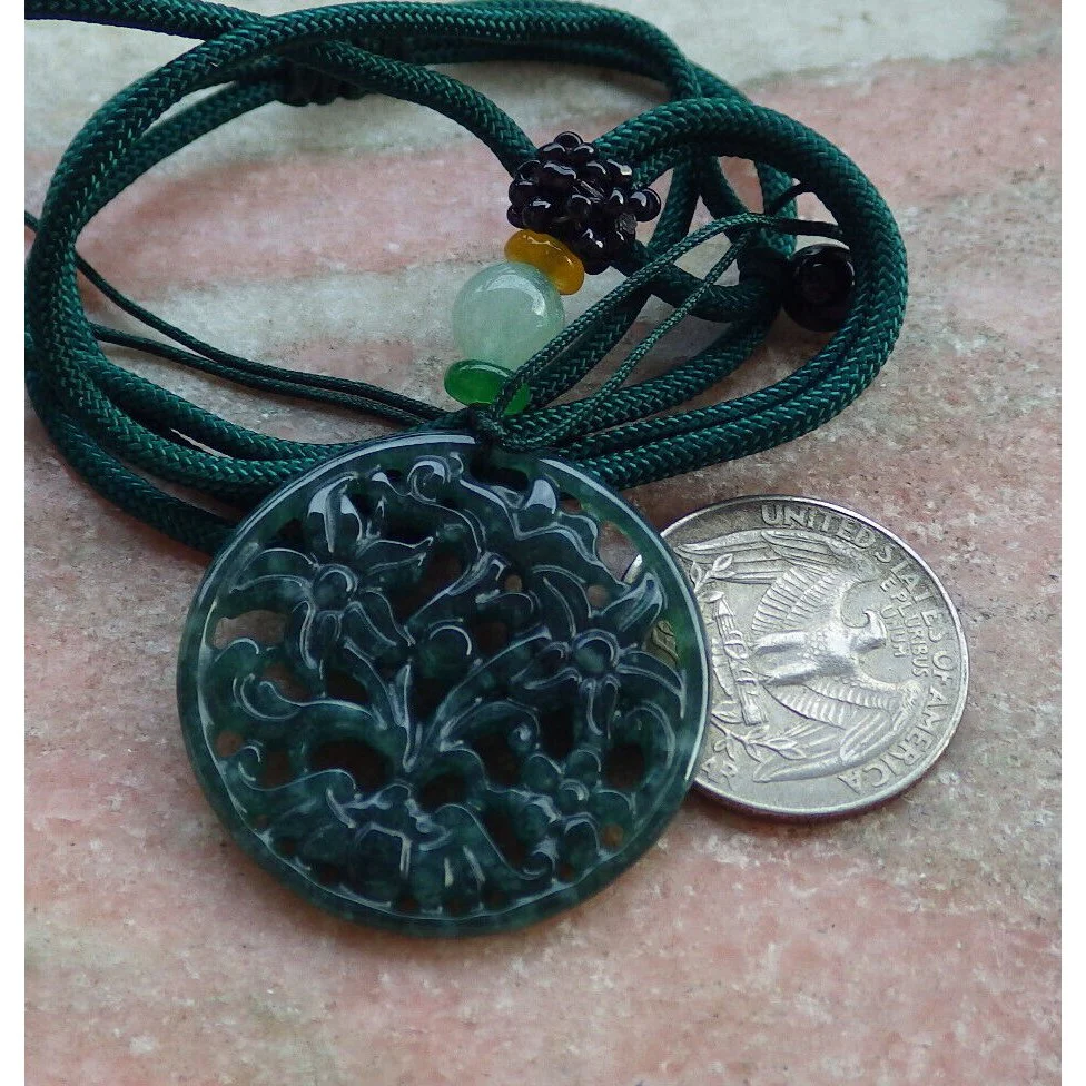 Certified Icy Green Natural Jade Jadeite Pendant Bat Flower Circle Necklace - Image 7