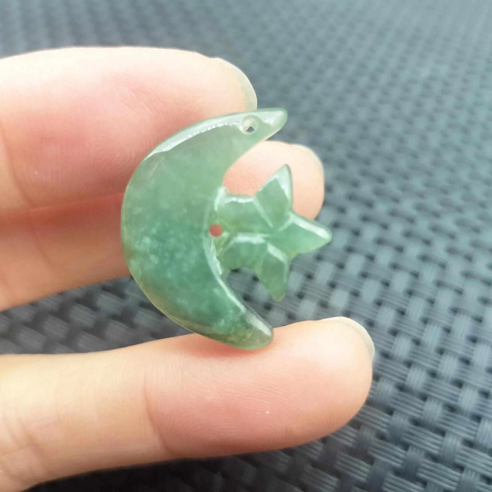 Certified Icy Green Natural Type A Jade Jadeite Carved Moon Star Pendant - Image 4