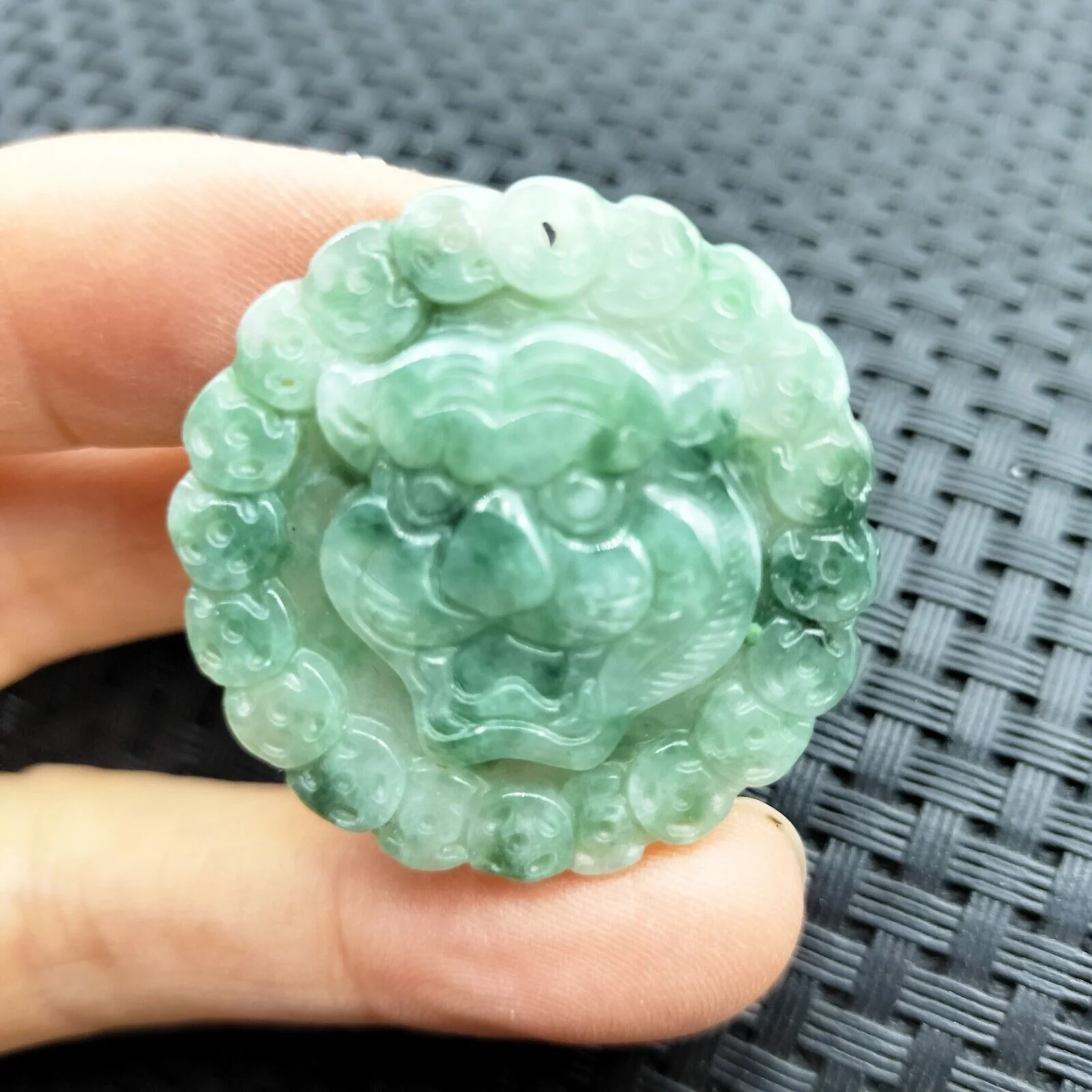 Certified Icy Green Natural Type A Jade Jadeite Carved Tiger Head Coin Pendant - Image 2