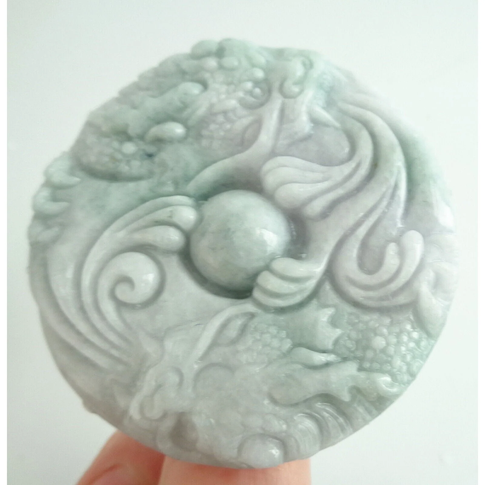 Certified Lavender Green Natural A Jade Jadeite Carved 2 Dragons Bead Pendant - Image 3