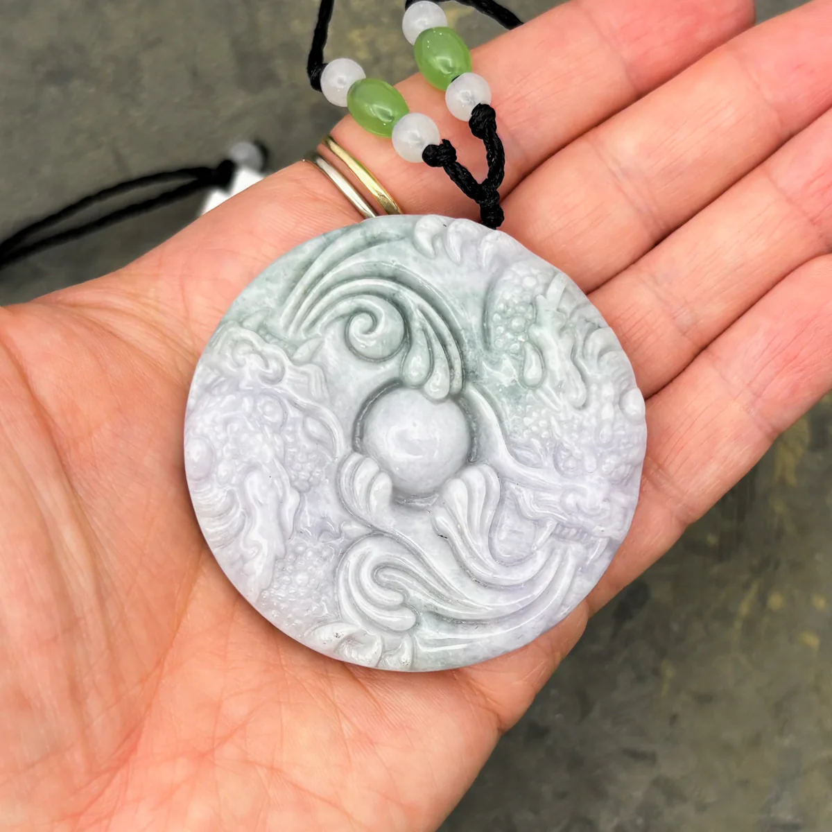 Certified Lavender Green Natural A Jade Jadeite Carved 2 Dragons Bead Pendant - Image 14