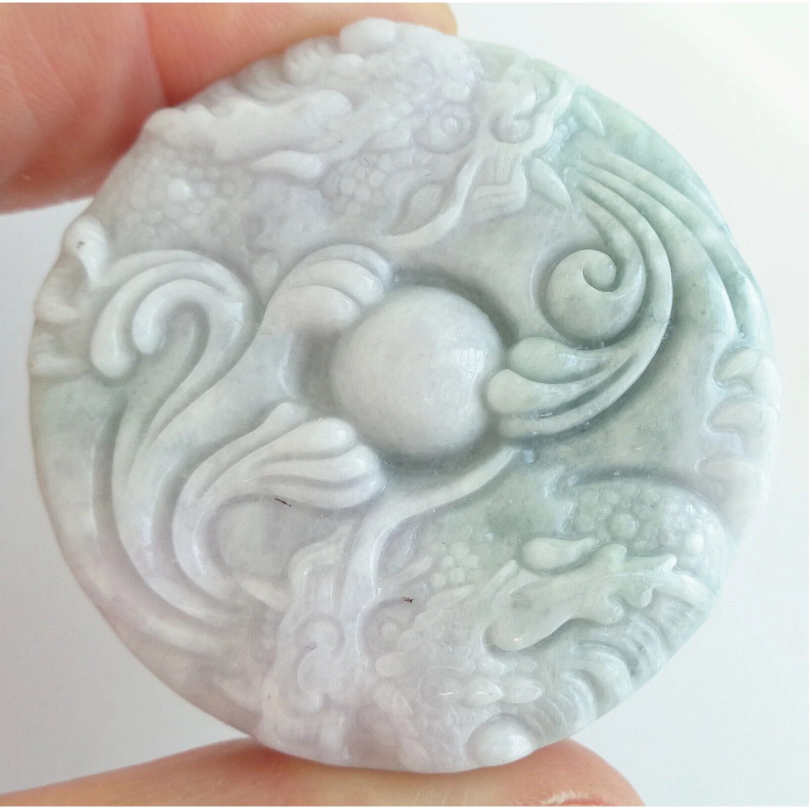 Certified Lavender Green Natural A Jade Jadeite Carved 2 Dragons Bead Pendant - Image 17