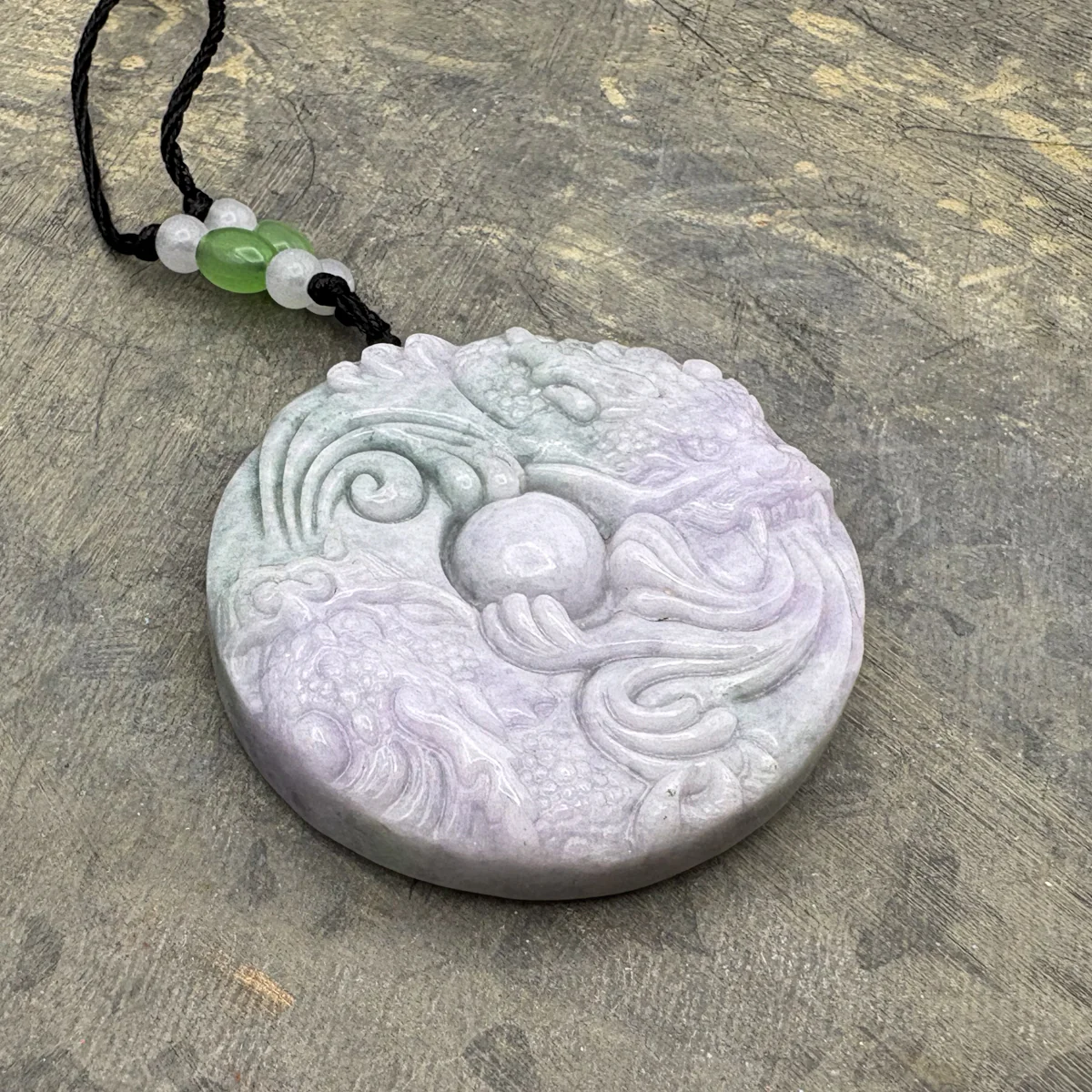 Certified Lavender Green Natural A Jade Jadeite Carved 2 Dragons Bead Pendant - Image 2