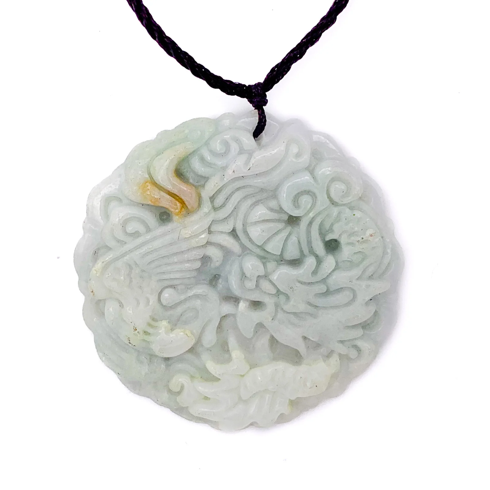 Certified Lavender Green Natural Jadeite Carved Dragon Phoenix Pendant Necklace - Image 2
