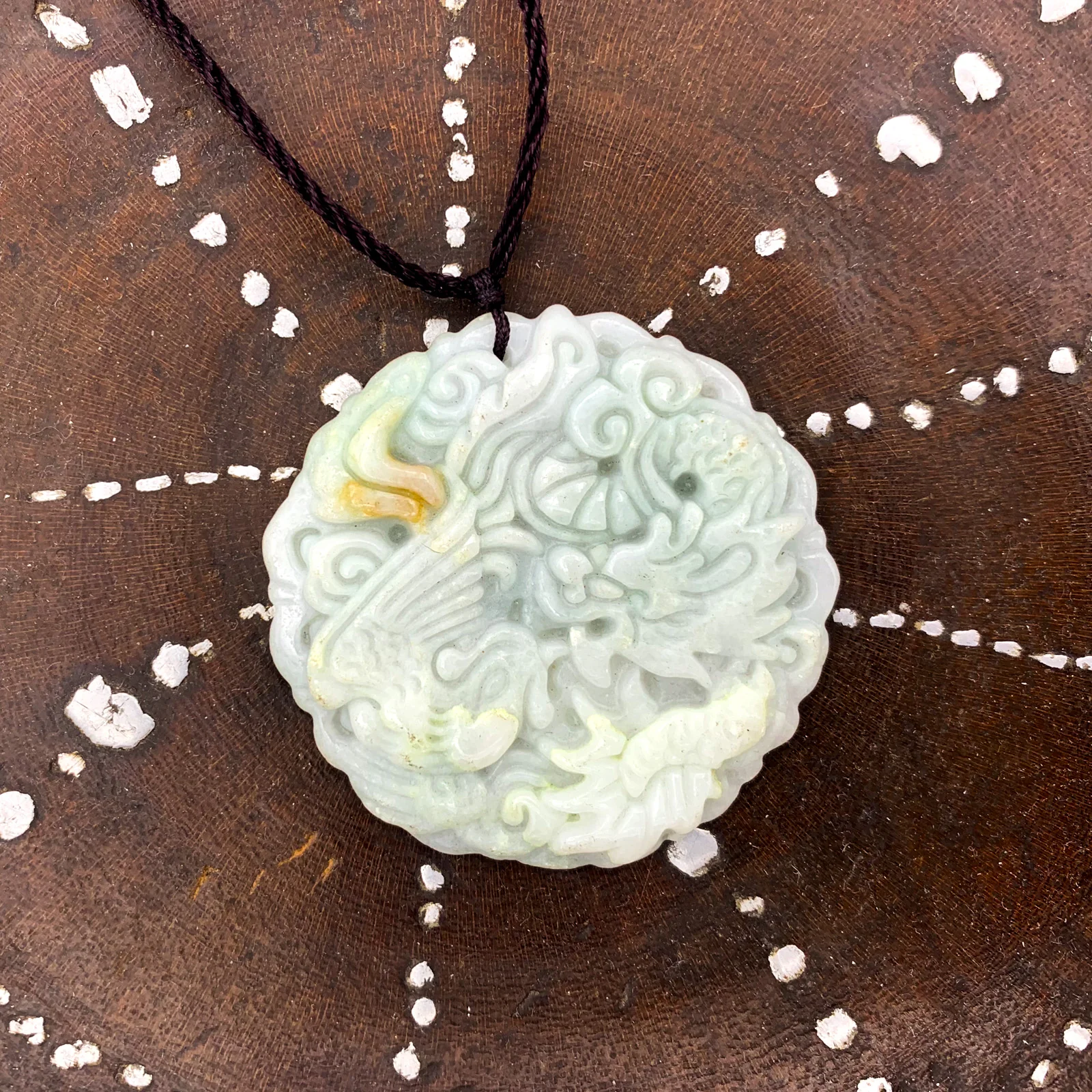 Certified Lavender Green Natural Jadeite Carved Dragon Phoenix Pendant Necklace - Image 3