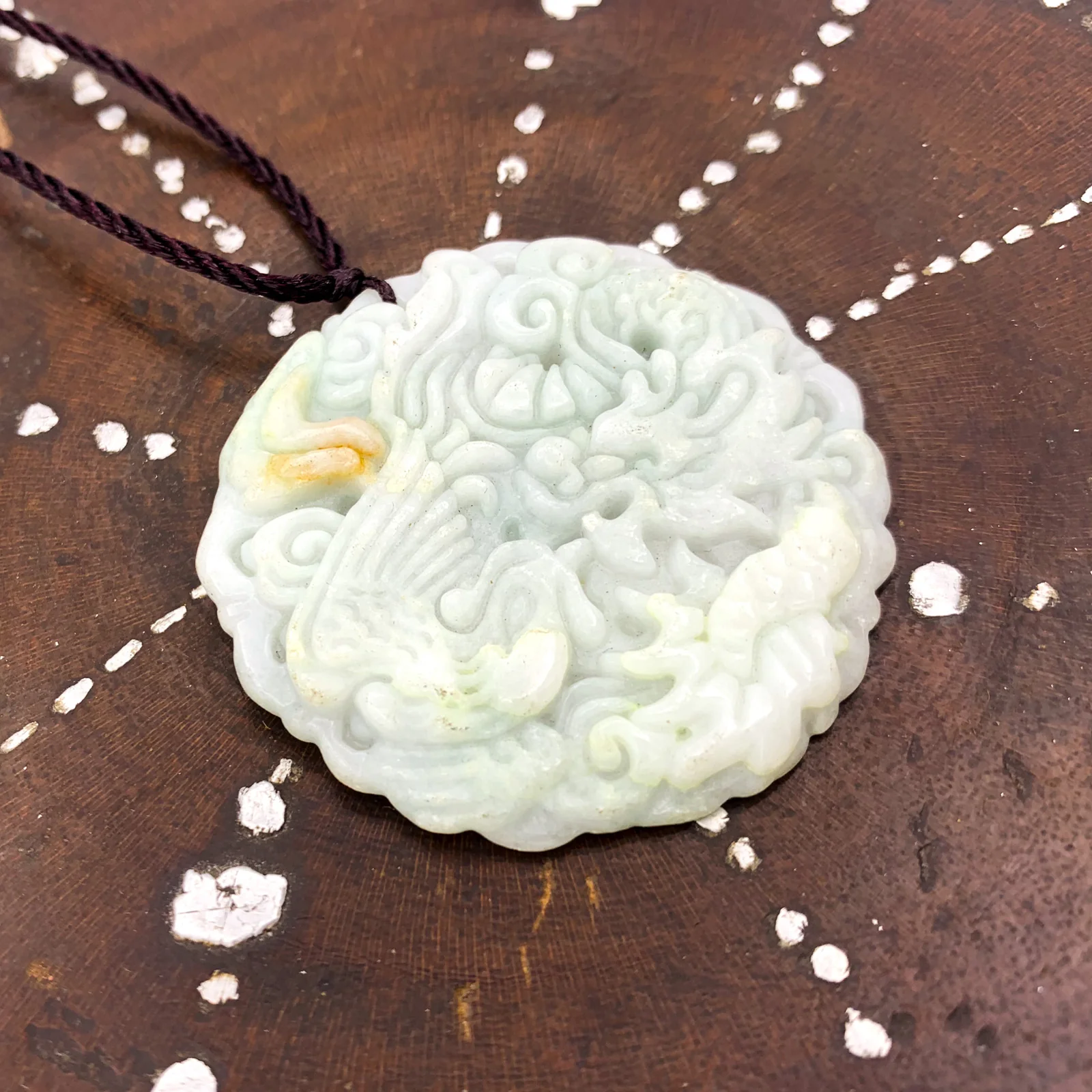 Certified Lavender Green Natural Jadeite Carved Dragon Phoenix Pendant Necklace - Image 4