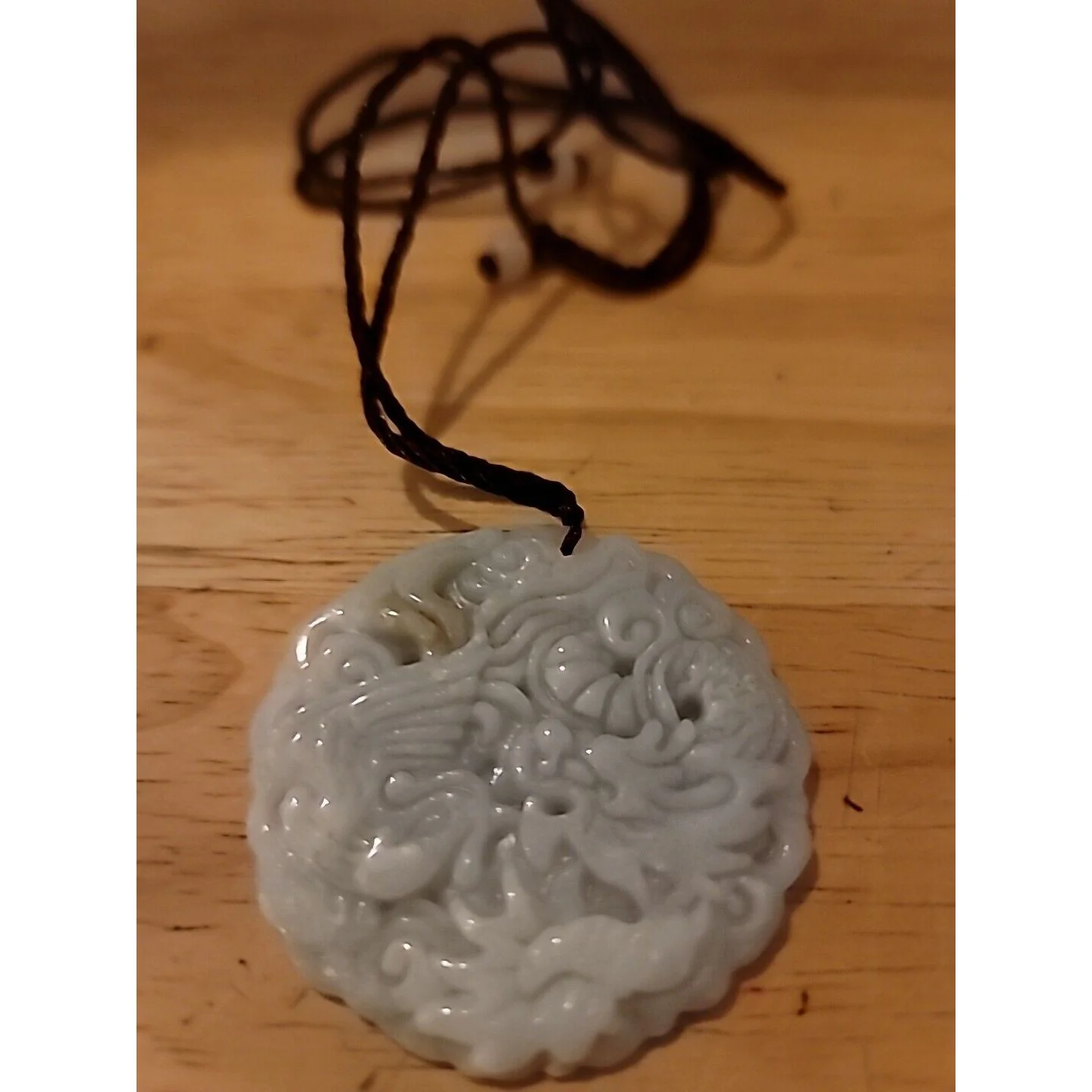 Certified Lavender Green Natural Jadeite Carved Dragon Phoenix Pendant Necklace - Image 7