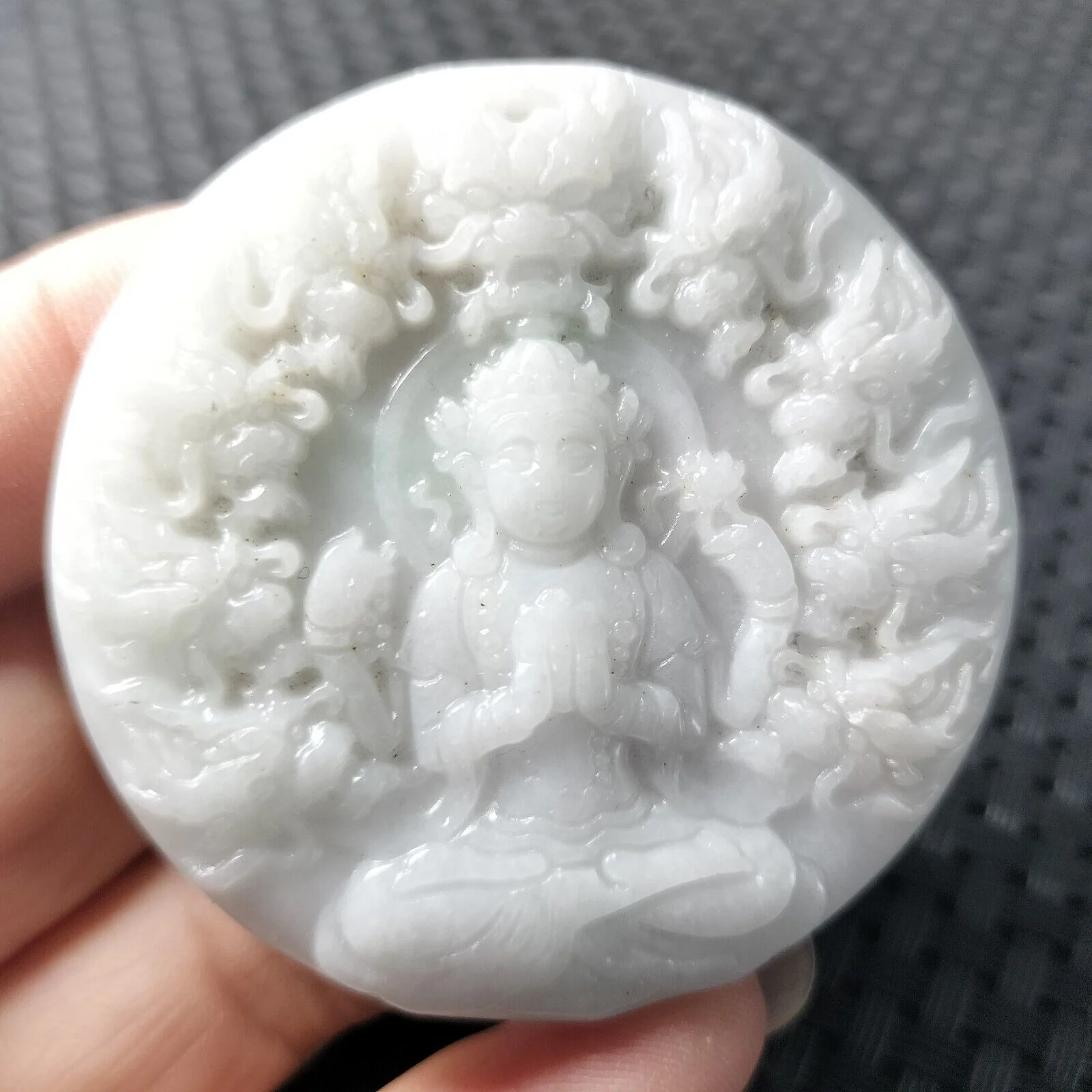 Certified Lavender Natural A Jadeite Carved Guanyin Kwan Yin God Dragons Pendant - Image 2