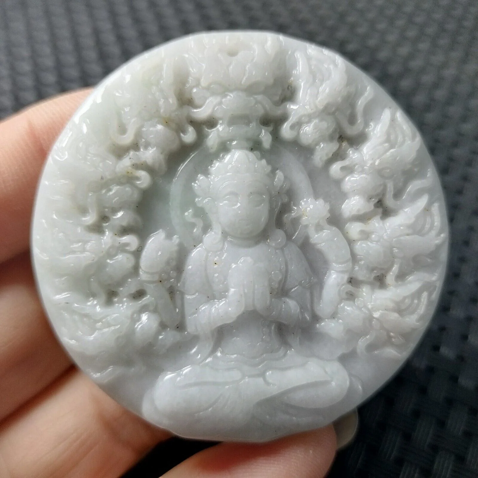 Certified Lavender Natural A Jadeite Carved Guanyin Kwan Yin God Dragons Pendant - Image 3