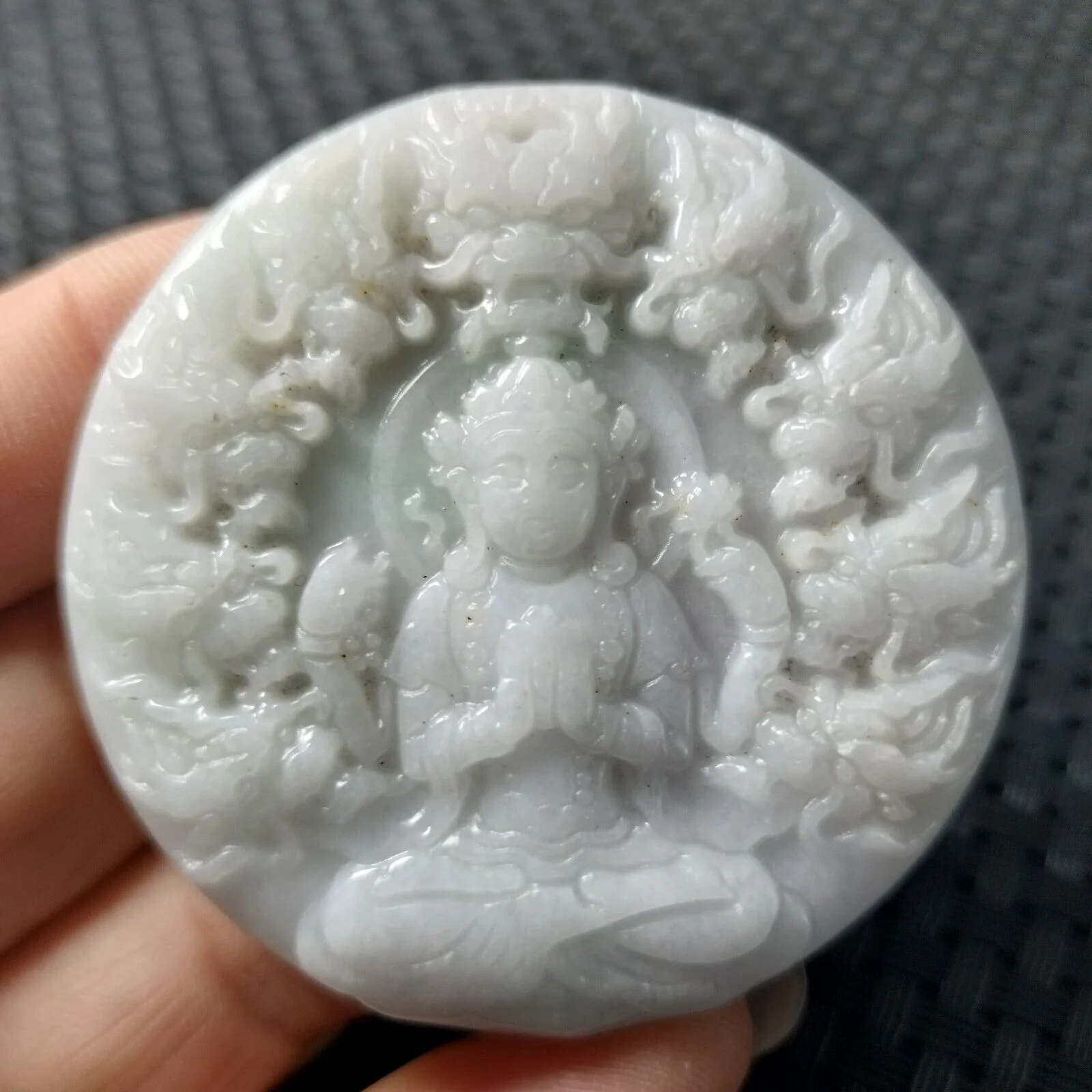Certified Lavender Natural A Jadeite Carved Guanyin Kwan Yin God Dragons Pendant - Image 4