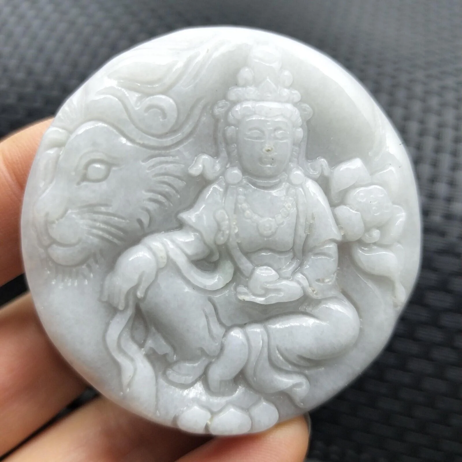 Certified Lavender Natural A Jadeite Carved Guanyin Kwan Yin God Leopard Pendant - Image 2