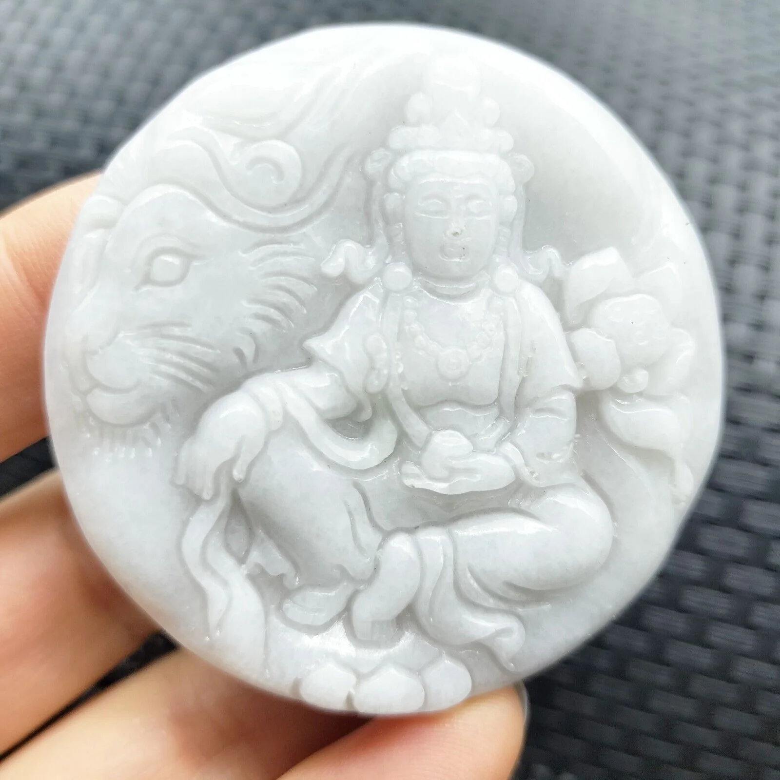 Certified Lavender Natural A Jadeite Carved Guanyin Kwan Yin God Leopard Pendant - Image 3