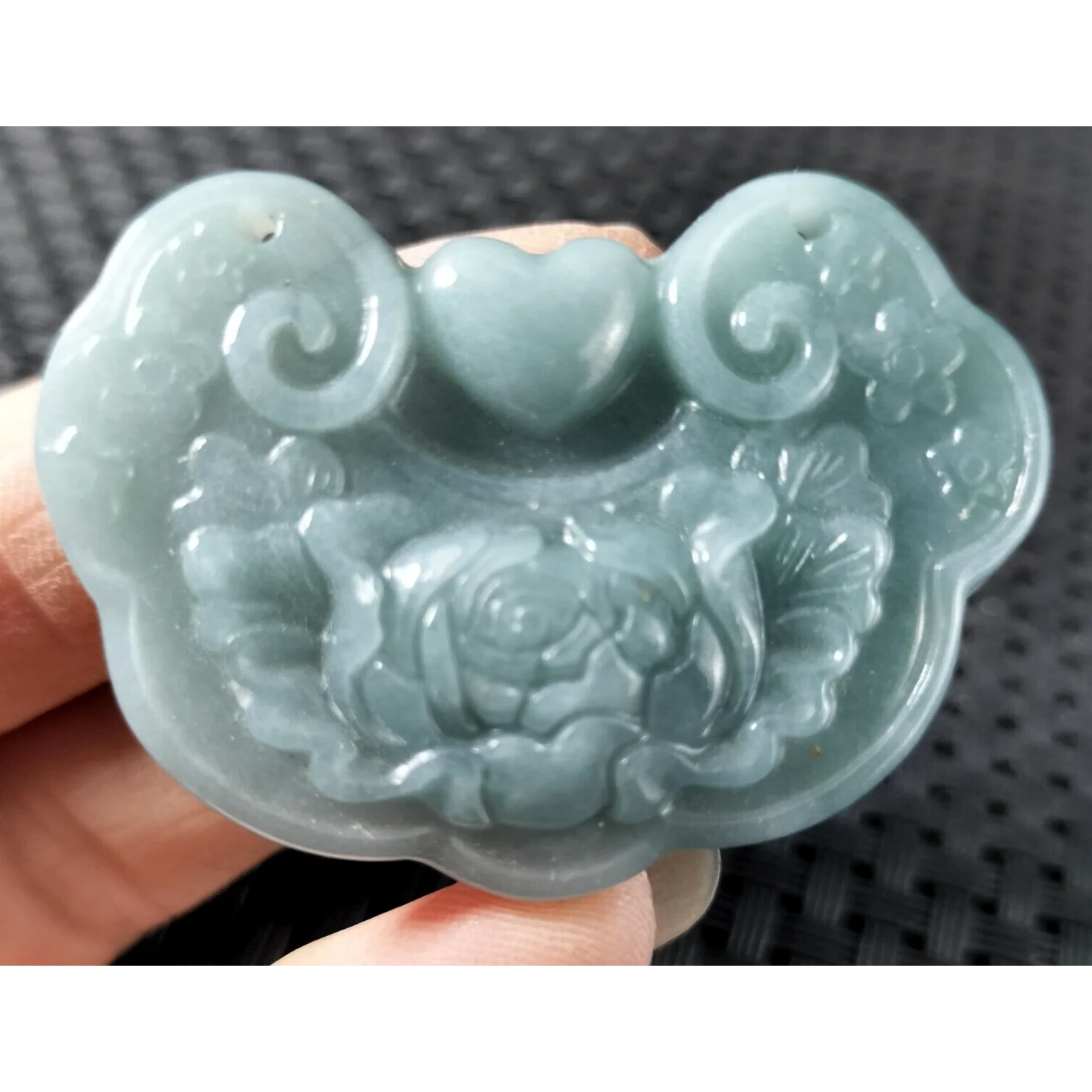 Certified Blue Green Natural Type A Jade Jadeite Carved Flower Love Lock Pendant - Image 11
