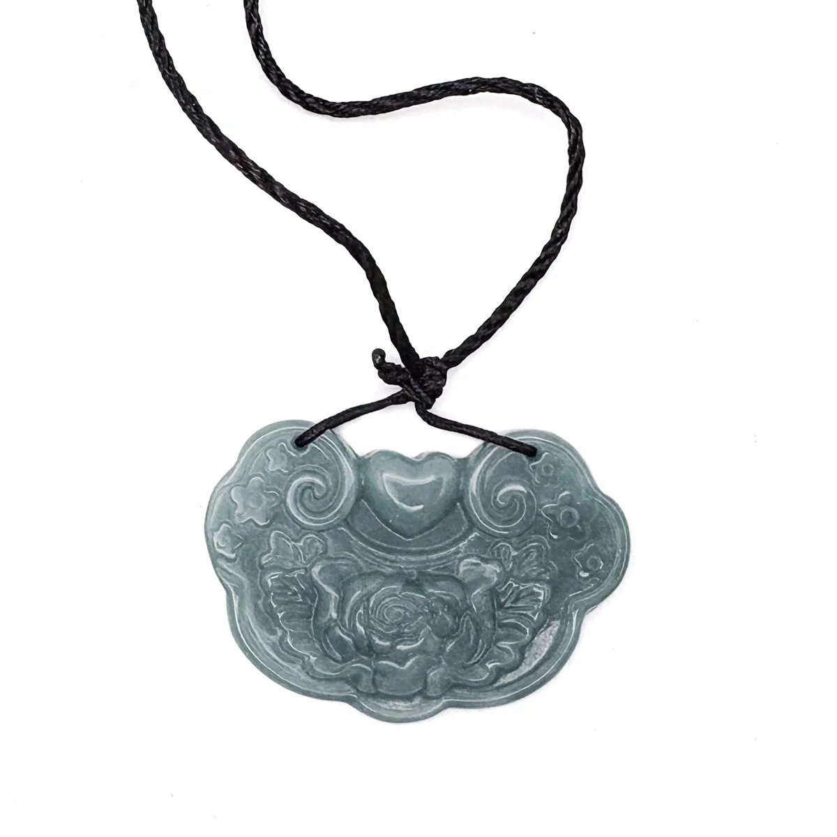 Certified Blue Green Natural Type A Jade Jadeite Carved Flower Love Lock Pendant - Image 2