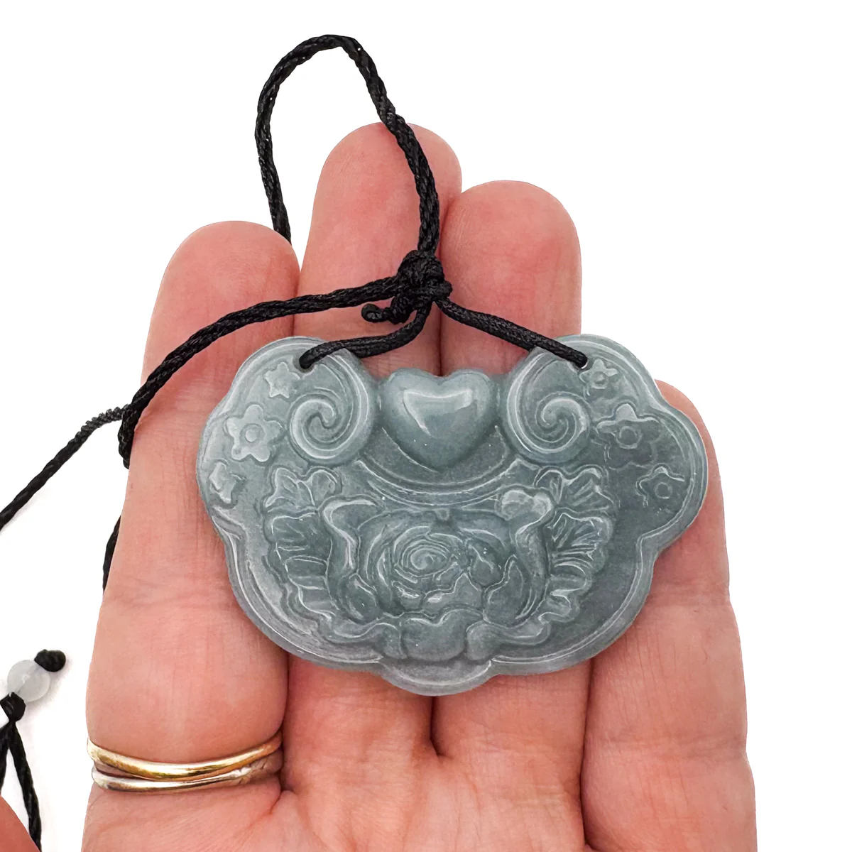 Certified Blue Green Natural Type A Jade Jadeite Carved Flower Love Lock Pendant - Image 9