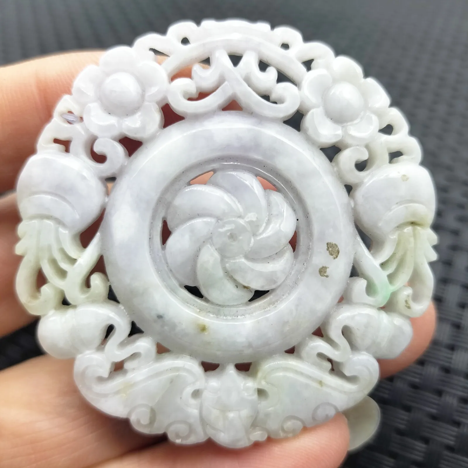 Certified Lavender Natural Type A Jade Jadeite Carved Circle Knotted Bat Pendant - Image 4