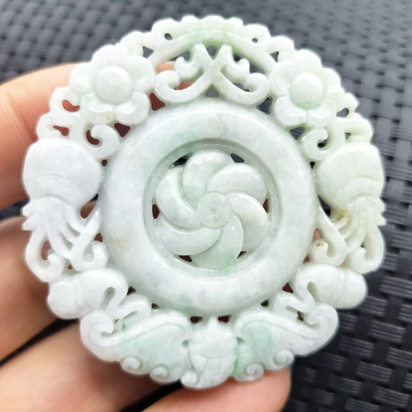 Certified Lavender Natural Type A Jade Jadeite Carved Circle Knotted Bat Pendant - Image 4