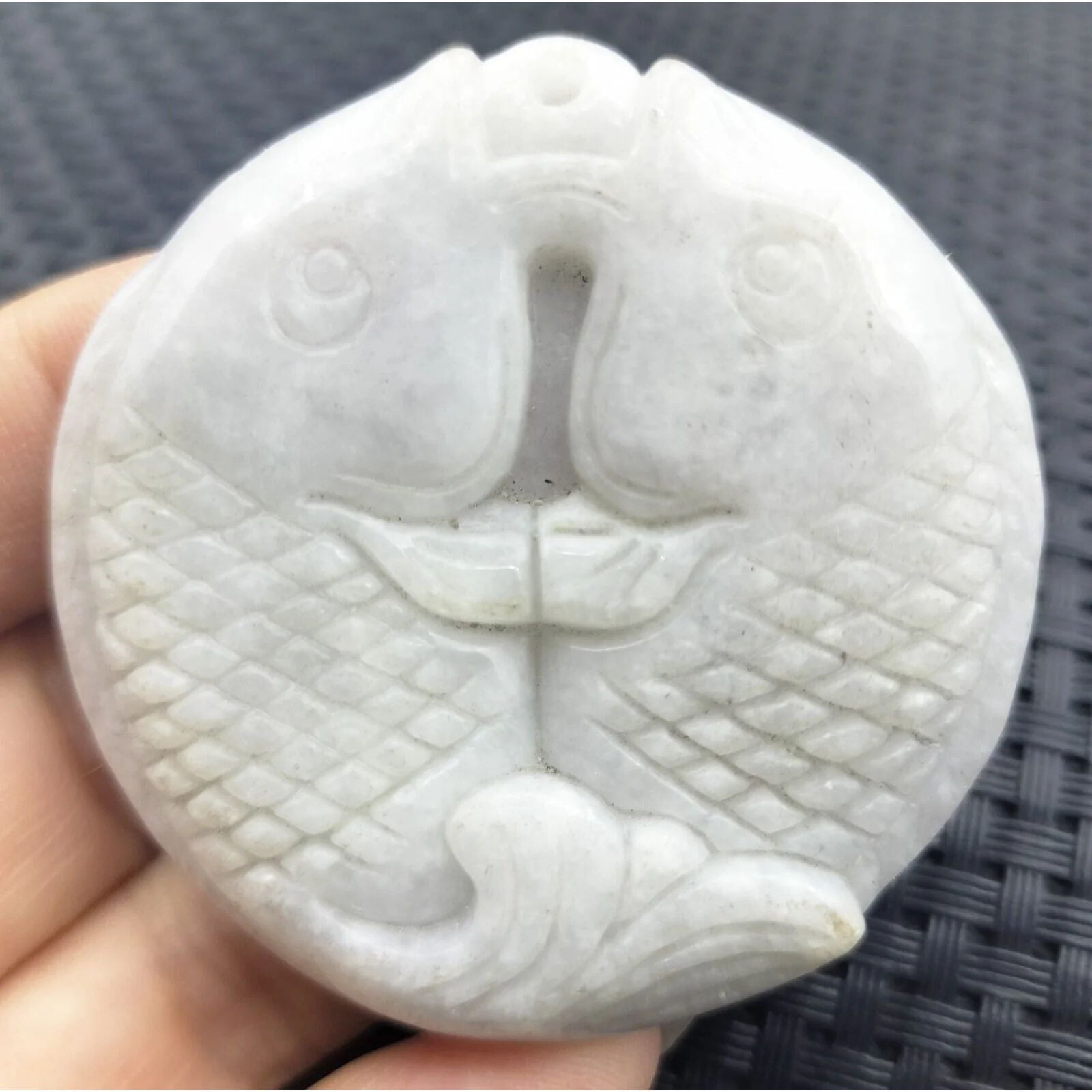 Certified Green Natural Jadeite Carved Double Fish Happy Marriage Pendant - Image 2