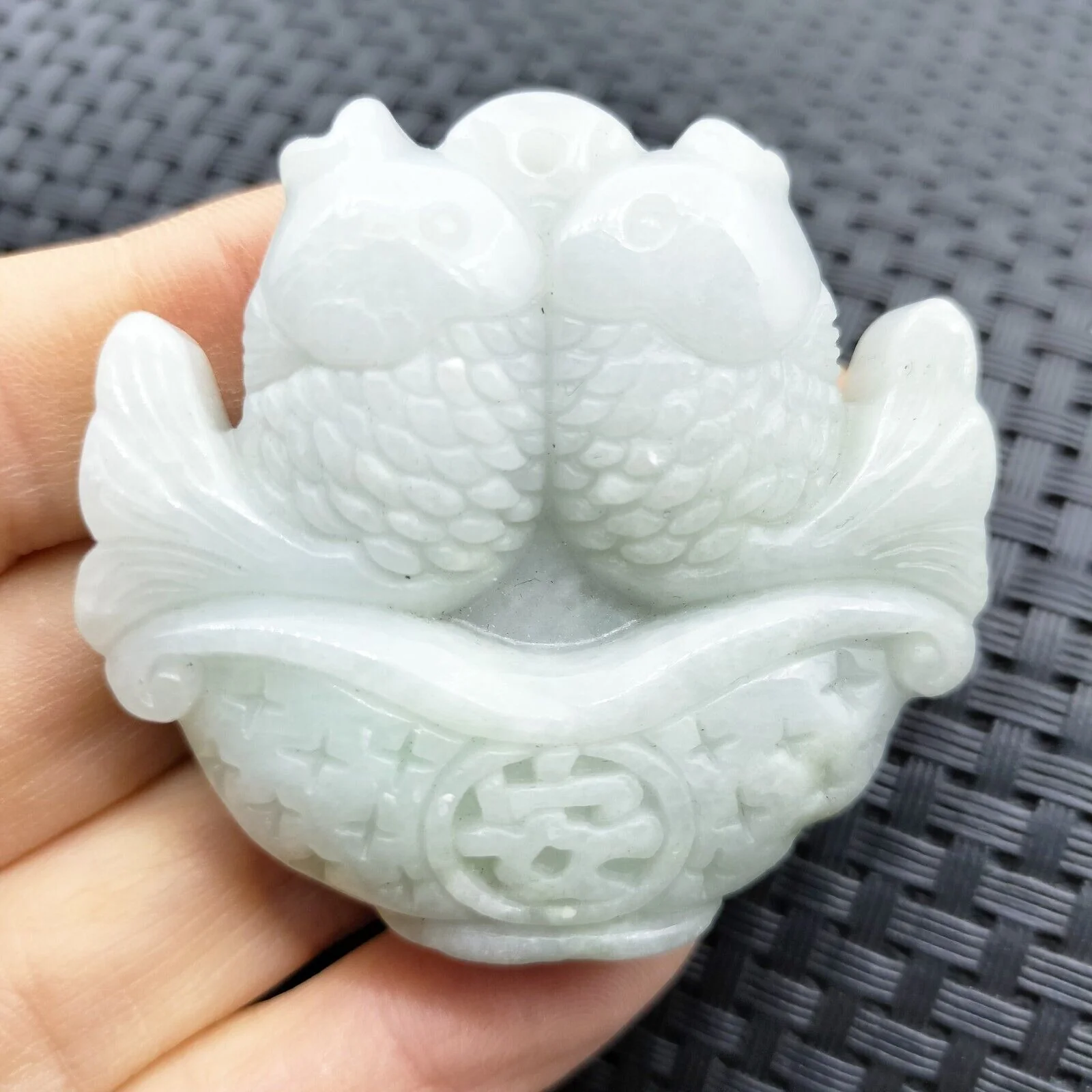 Certified Light Green Natural Type A Jadeite Carved Double Fish Happy Marriage Pendant - Image 2