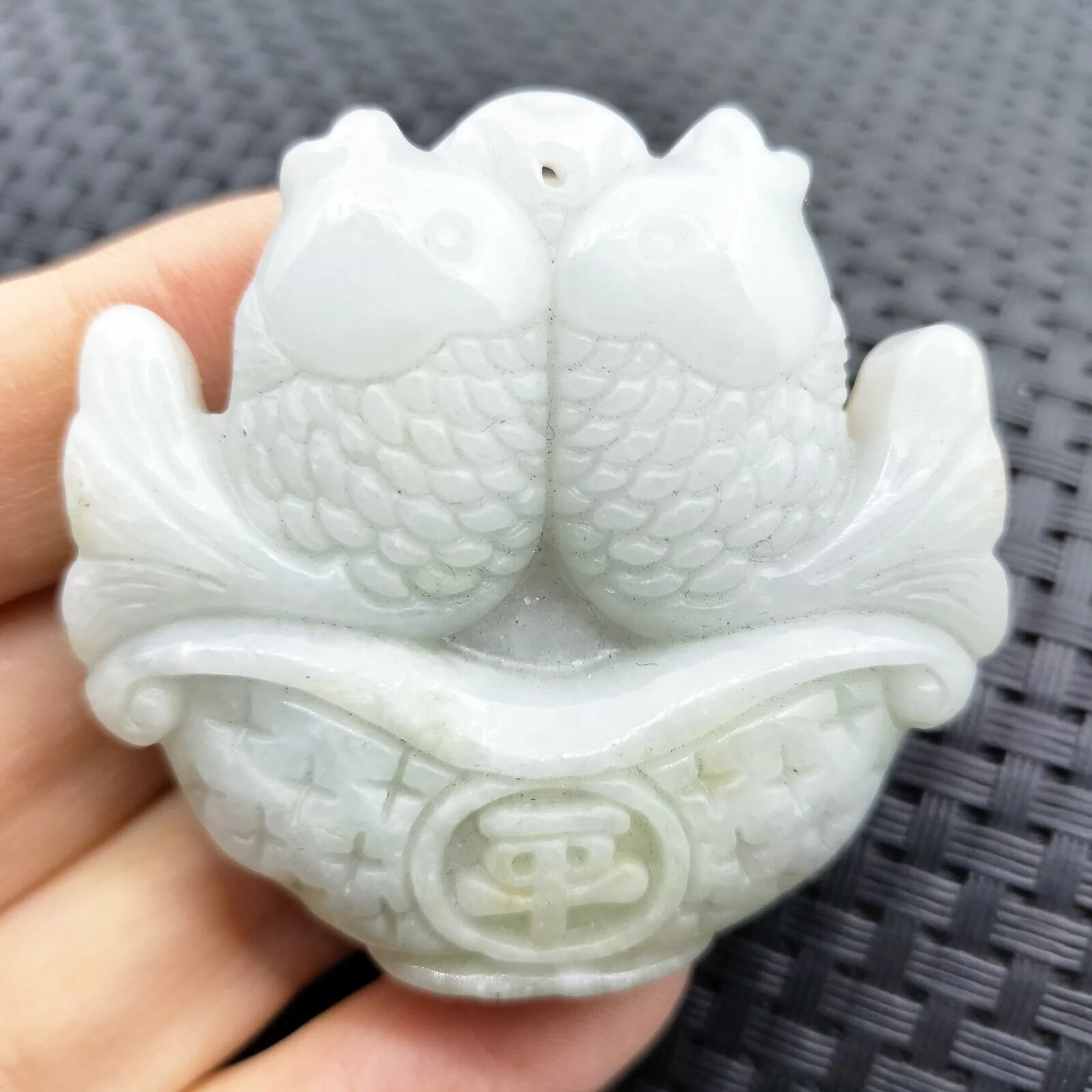 Certified Light Green Natural Type A Jadeite Carved Double Fish Happy Marriage Pendant - Image 3