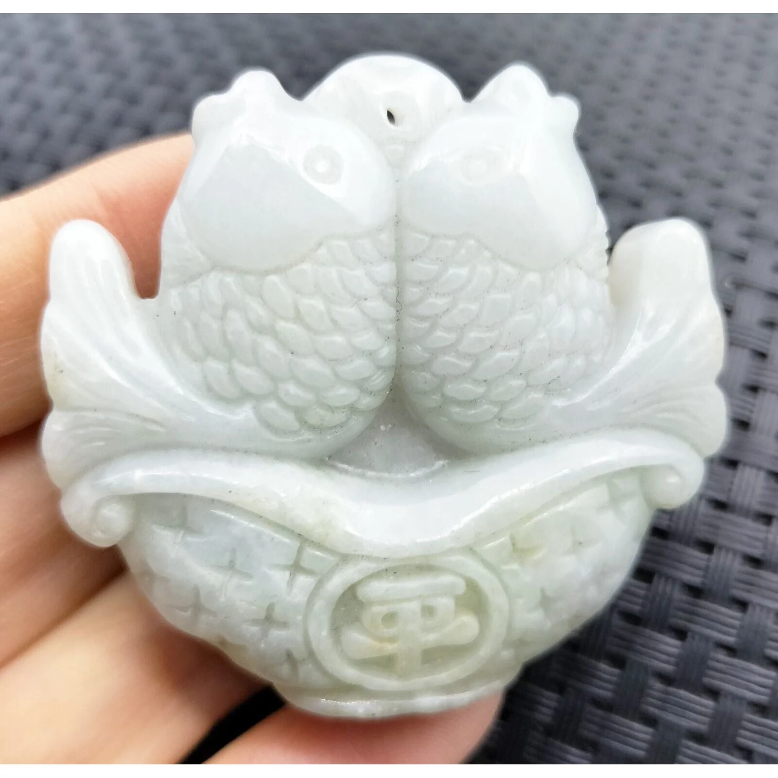 Certified Light Green Natural Type A Jadeite Carved Double Fish Happy Marriage Pendant - Image 4