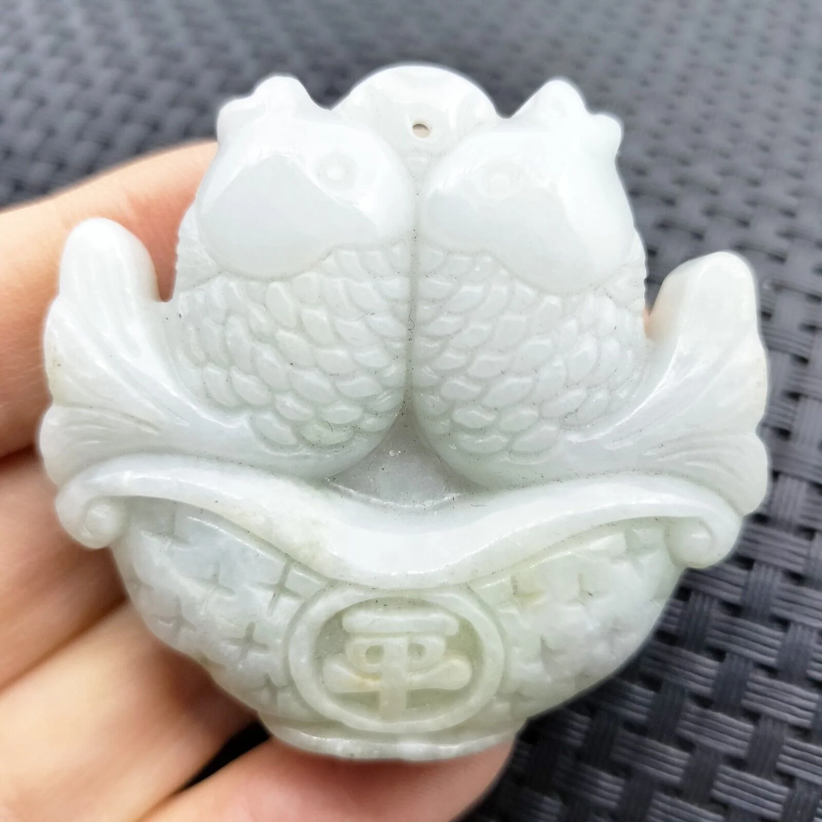 Certified Light Green Natural Type A Jadeite Carved Double Fish Happy Marriage Pendant - Image 5