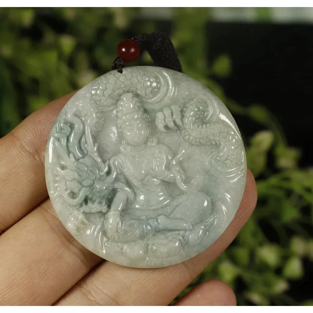 Certified Light Green 100% Natural A Jadeite Jade Pendant Dragon Guanyin - Image 2