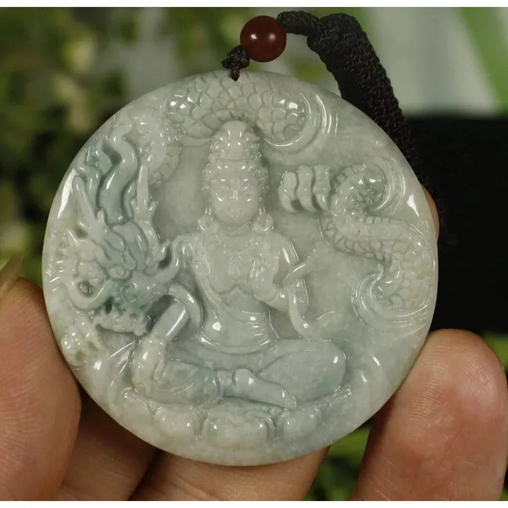 Certified Light Green 100% Natural A Jadeite Jade Pendant Dragon Guanyin - Image 5