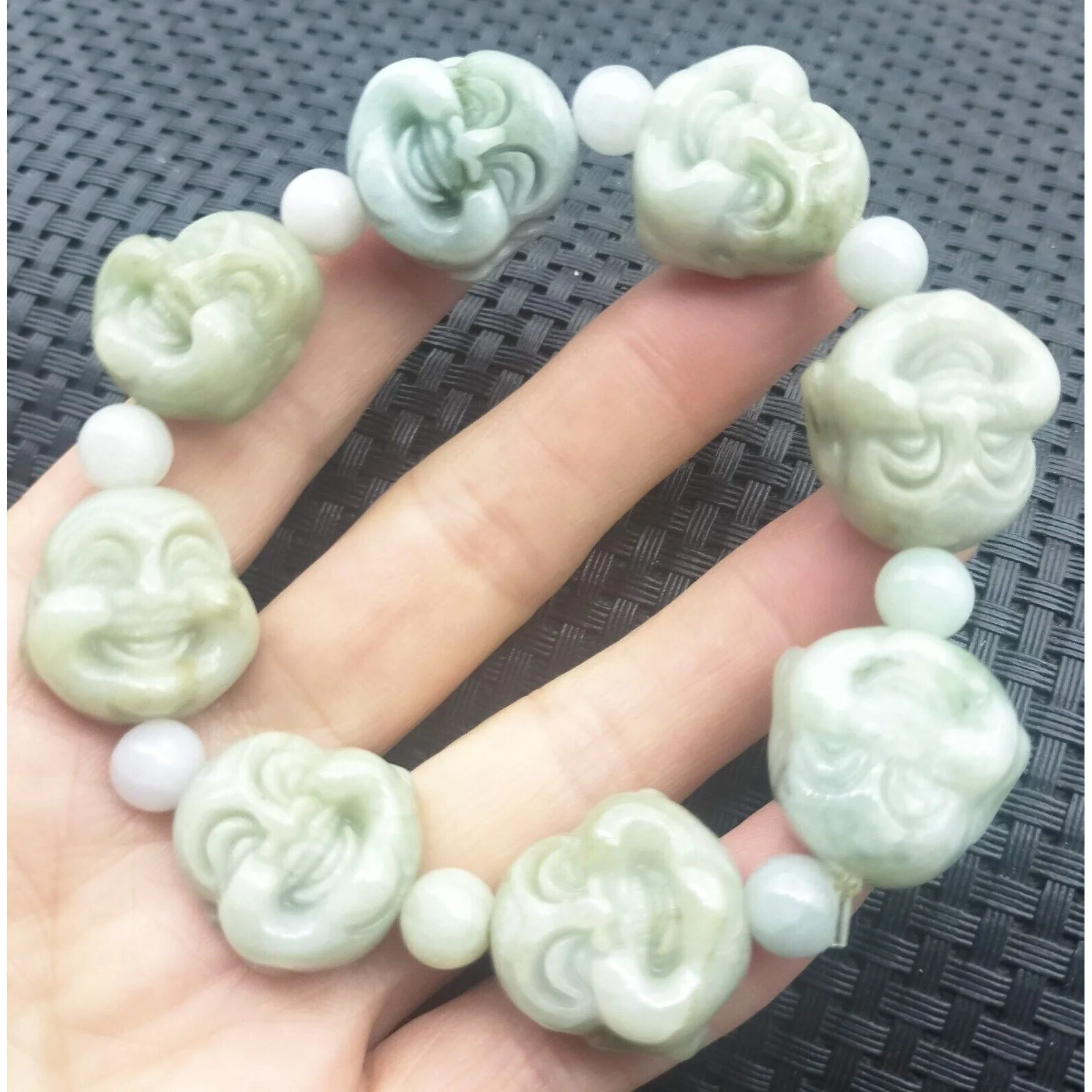 Certified Light Green Natural A Jadeite Carved Buddha Bead Stretchy Bracelet - Image 2