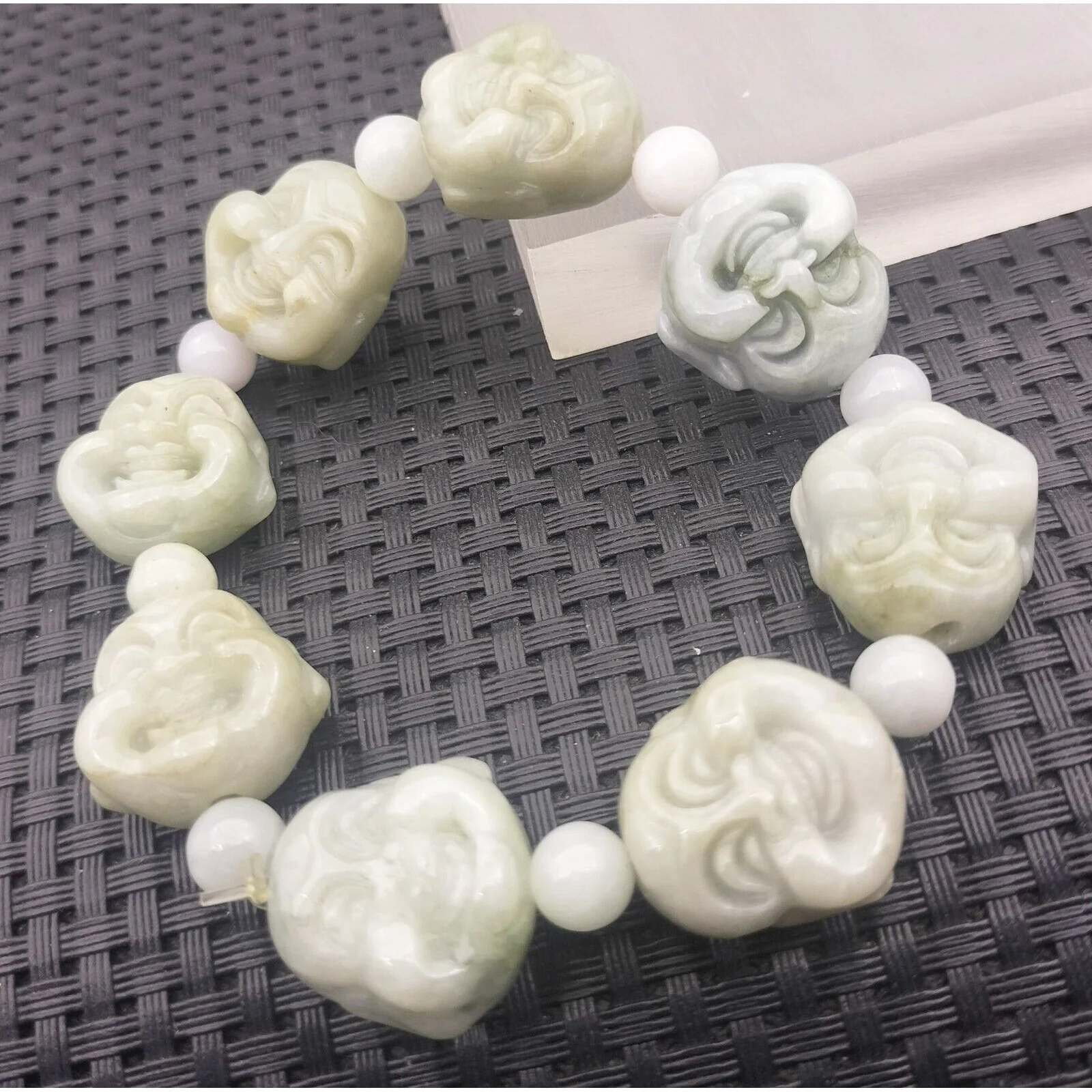 Certified Light Green Natural A Jadeite Carved Buddha Bead Stretchy Bracelet - Image 3