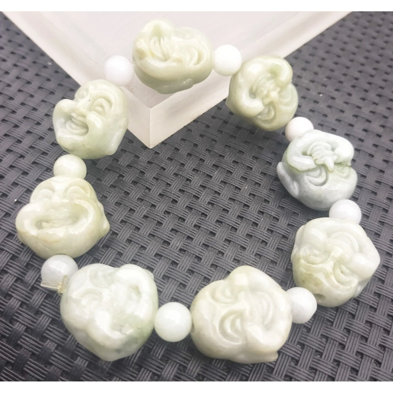 Certified Light Green Natural A Jadeite Carved Buddha Bead Stretchy Bracelet - Image 4