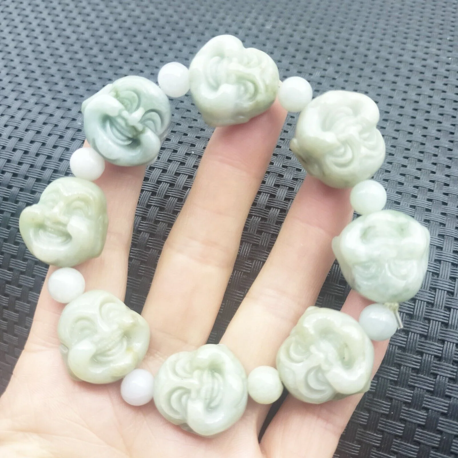 Certified Light Green Natural A Jadeite Carved Buddha Bead Stretchy Bracelet - Image 5
