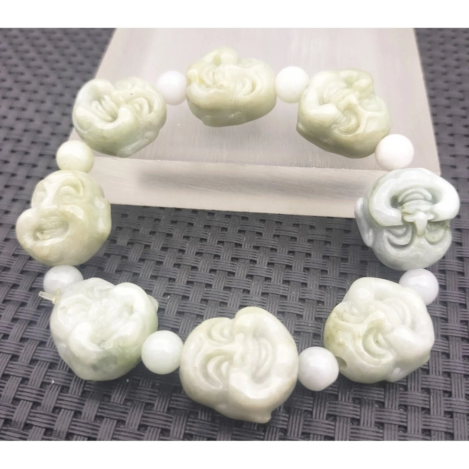 Certified Light Green Natural A Jadeite Carved Buddha Bead Stretchy Bracelet - Image 6