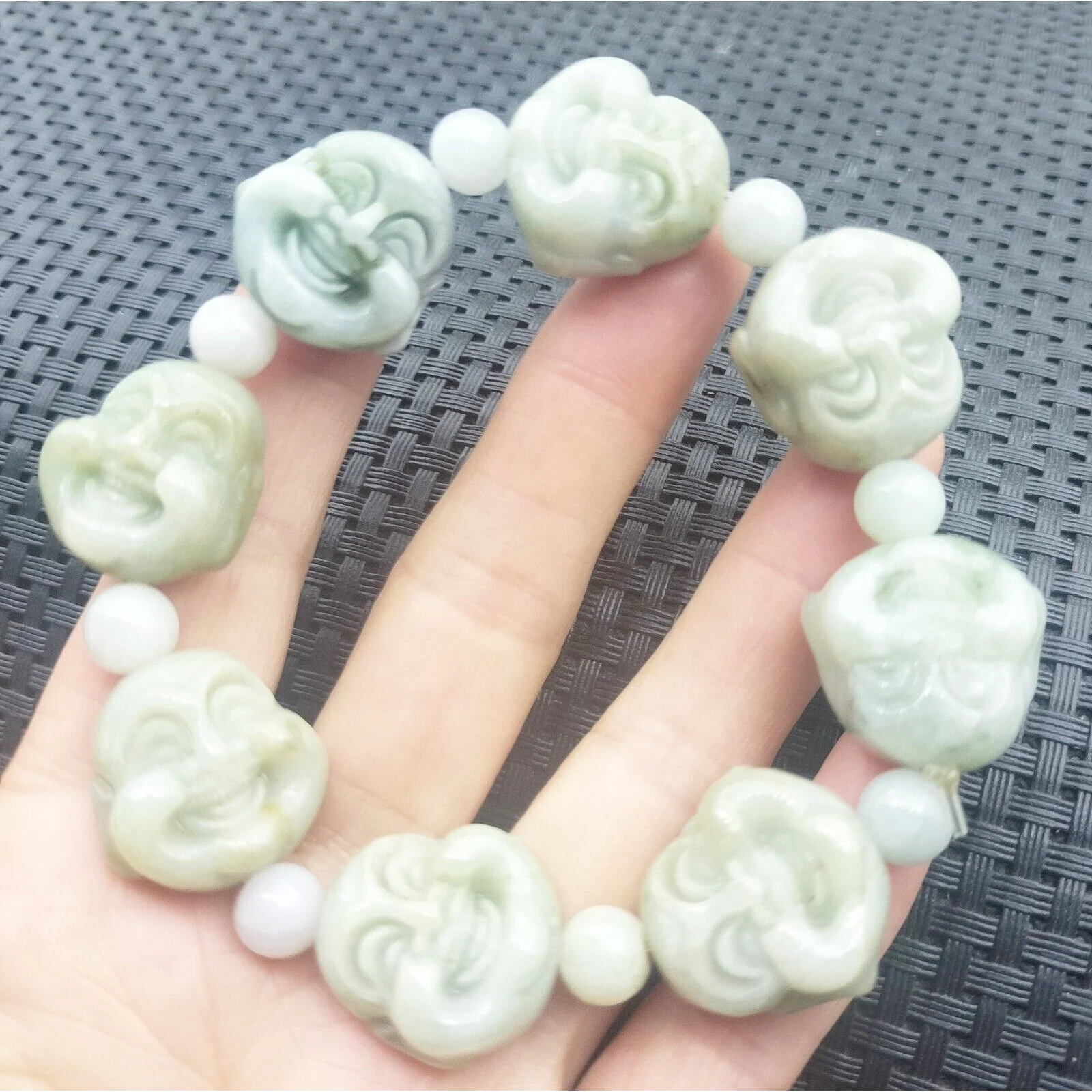 Certified Light Green Natural A Jadeite Carved Buddha Bead Stretchy Bracelet - Image 7