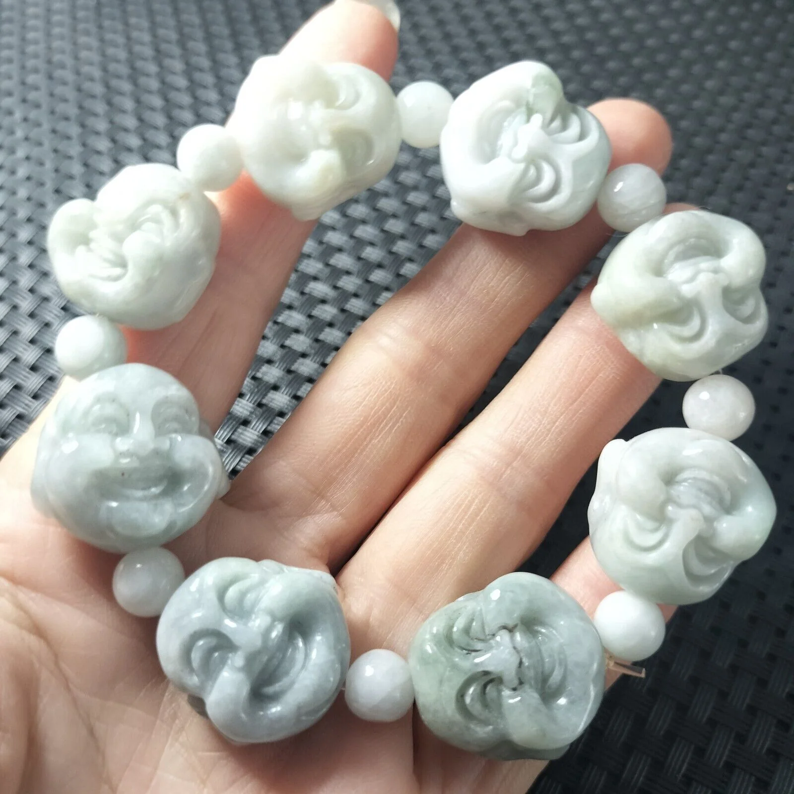 Certified Light Green Natural A Jadeite Carved Buddha Bead Stretchy Bracelet - Image 2