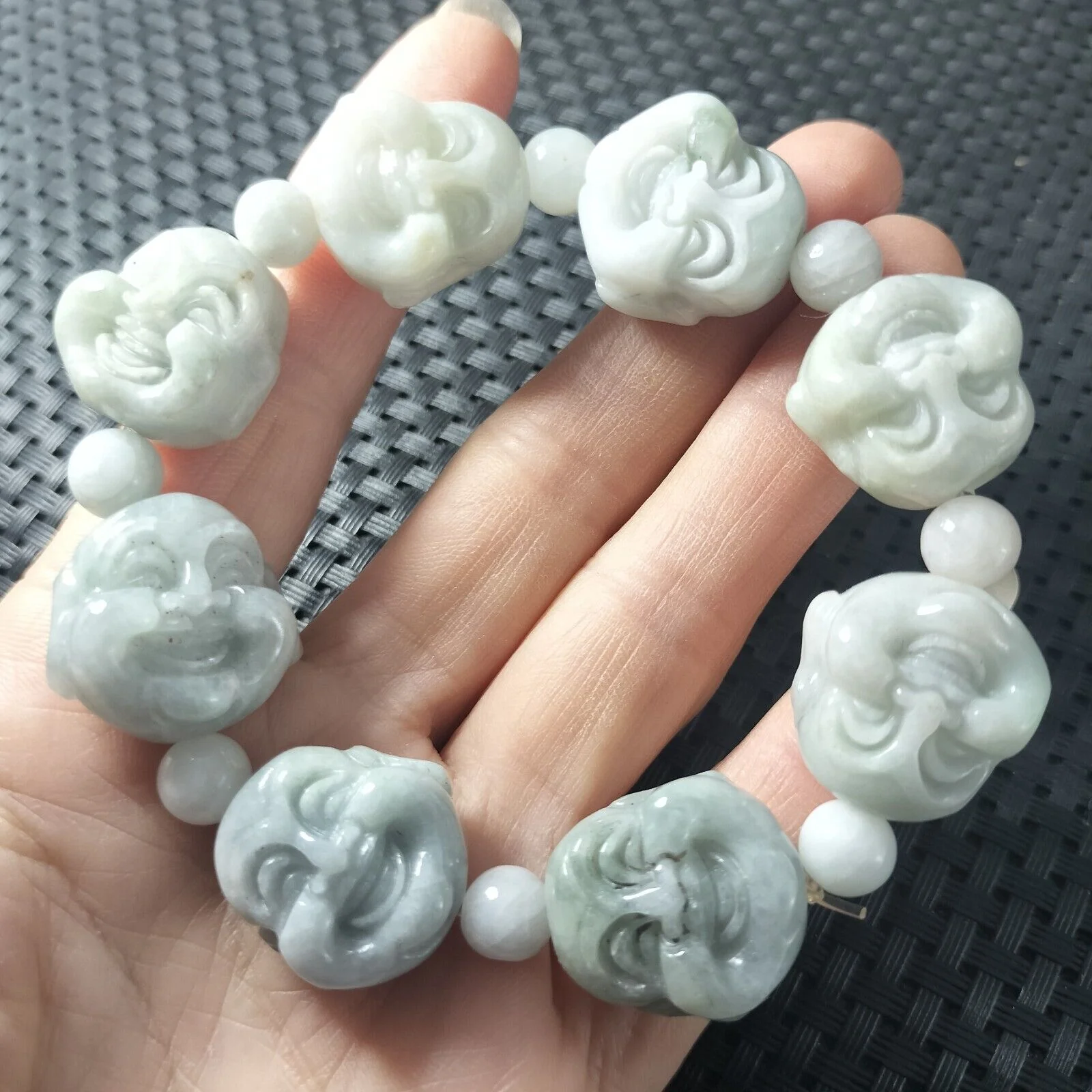 Certified Light Green Natural A Jadeite Carved Buddha Bead Stretchy Bracelet - Image 3