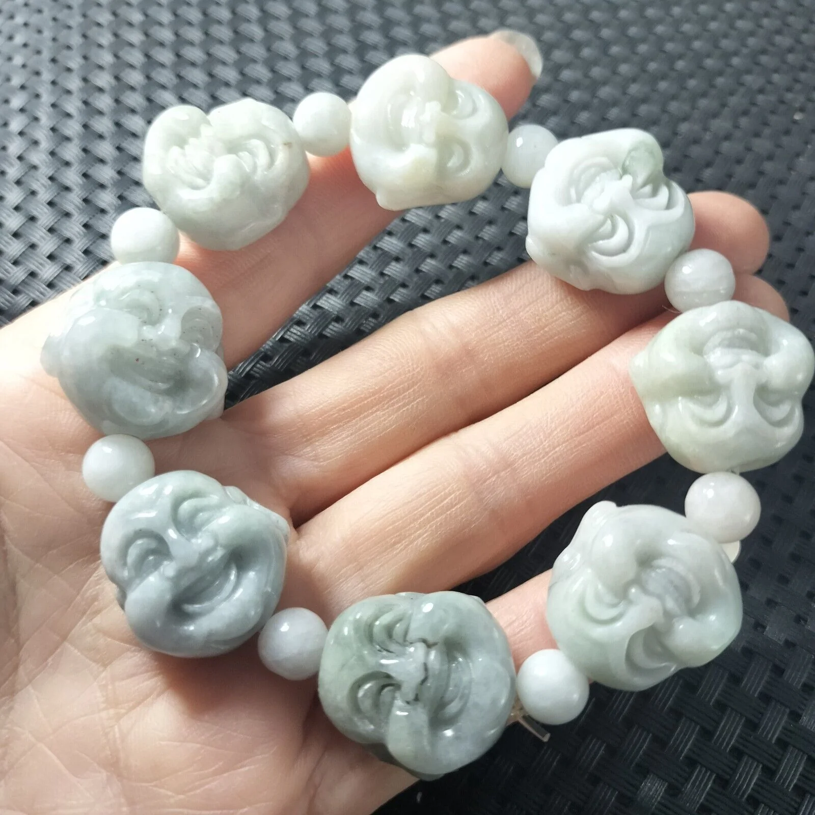 Certified Light Green Natural A Jadeite Carved Buddha Bead Stretchy Bracelet - Image 4