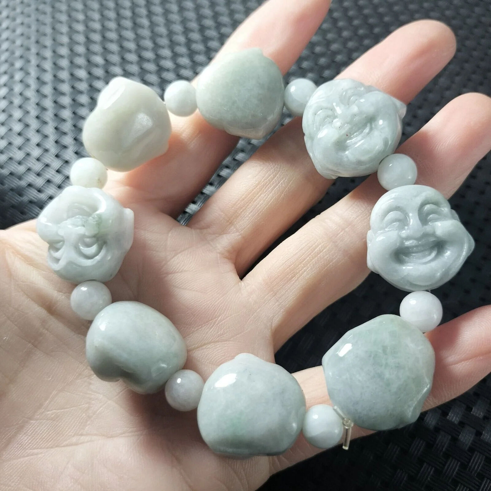 Certified Light Green Natural A Jadeite Carved Buddha Bead Stretchy Bracelet - Image 5