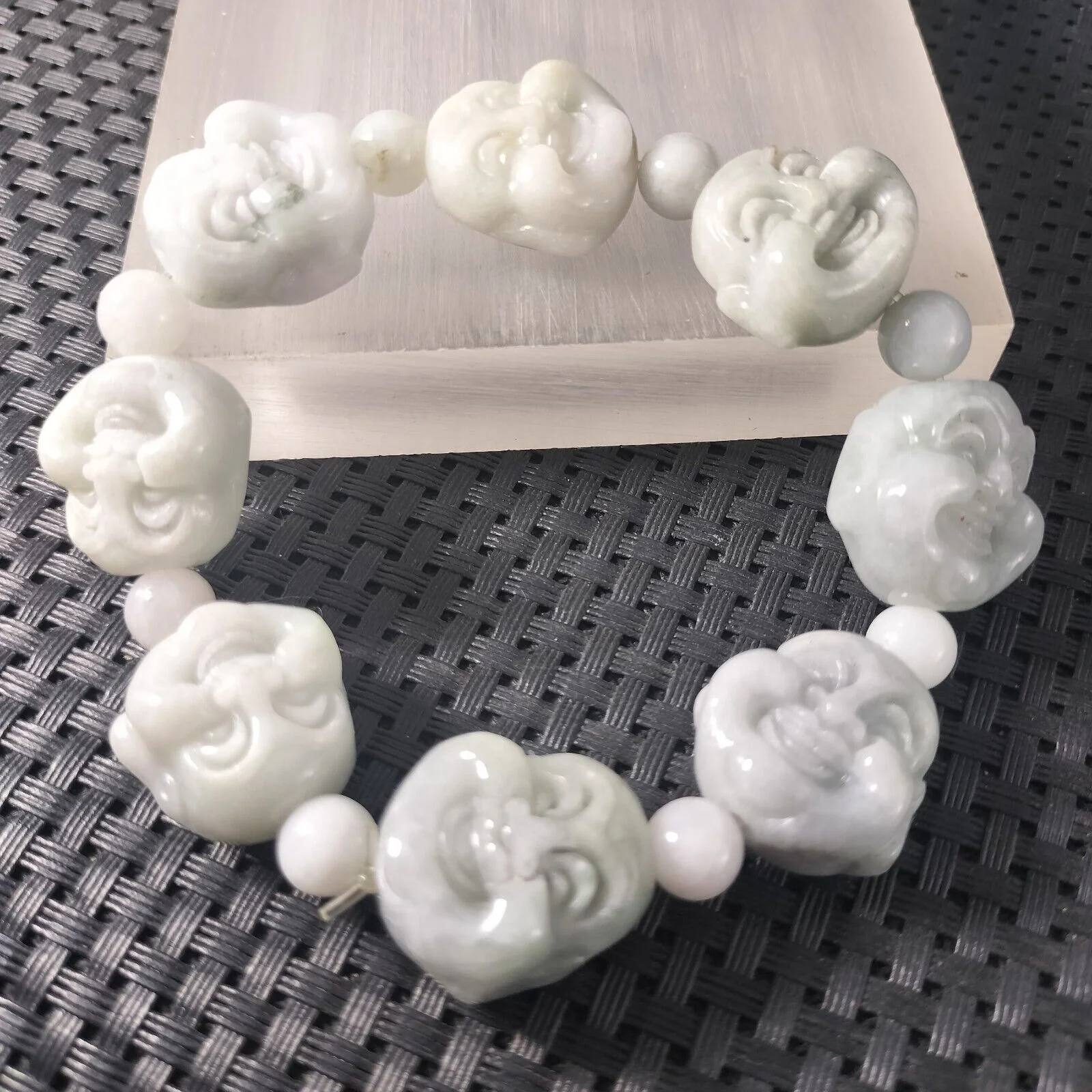 Certified Light Green Natural A Jadeite Carved Buddha Bead Stretchy Bracelet - Image 6