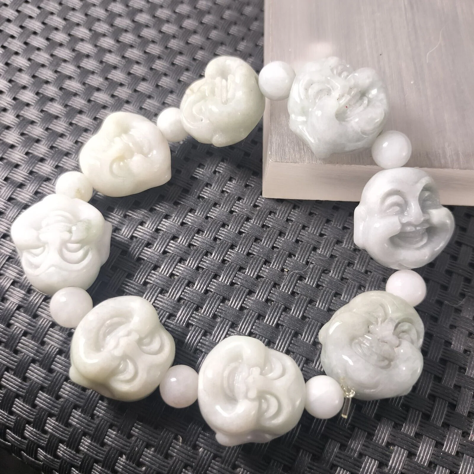 Certified Light Green Natural A Jadeite Carved Buddha Bead Stretchy Bracelet - Image 7
