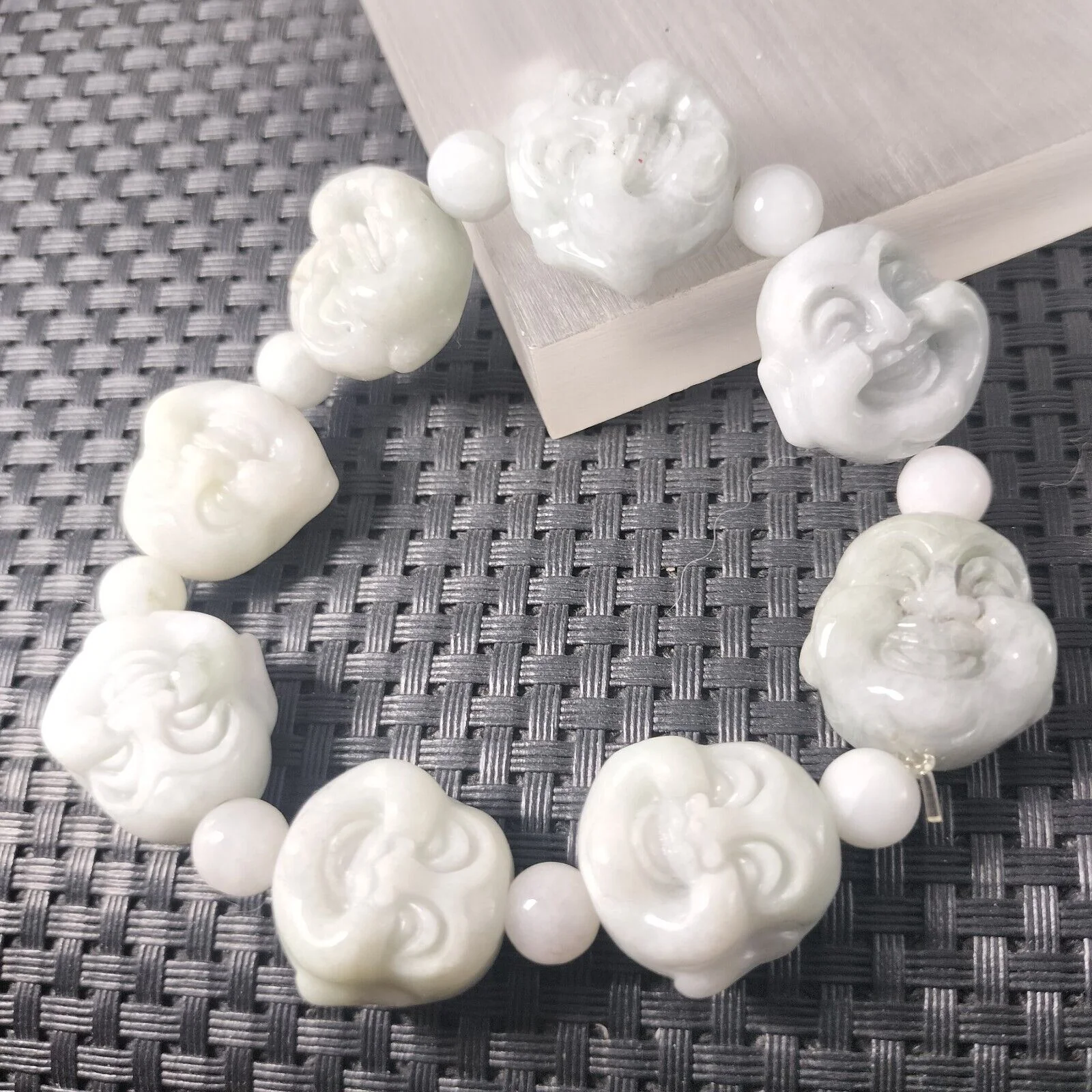 Certified Light Green Natural A Jadeite Carved Buddha Bead Stretchy Bracelet - Image 8