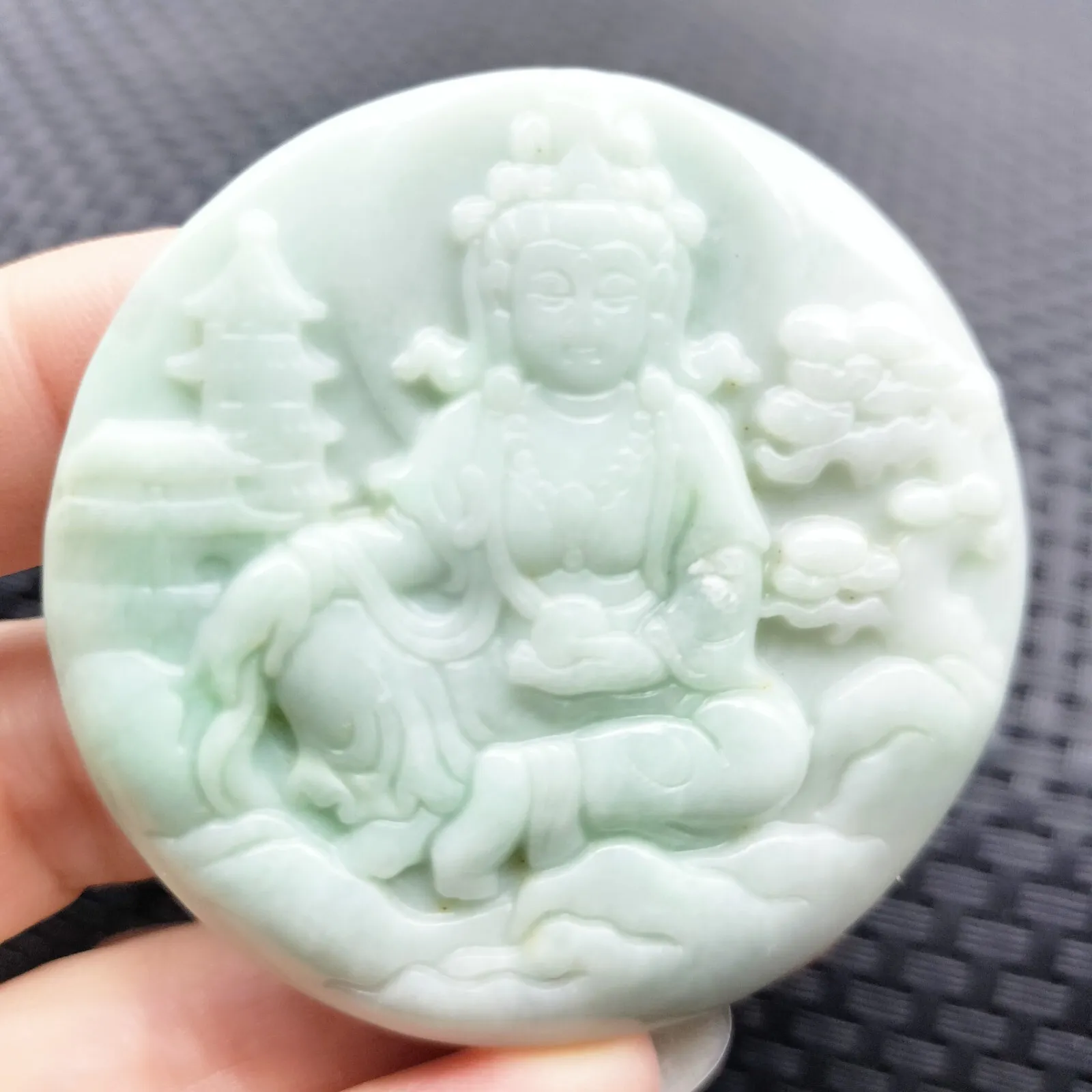 Certified Light Green Natural A Jadeite Carved Guanyin Kwan Yin God Pendant - Image 2