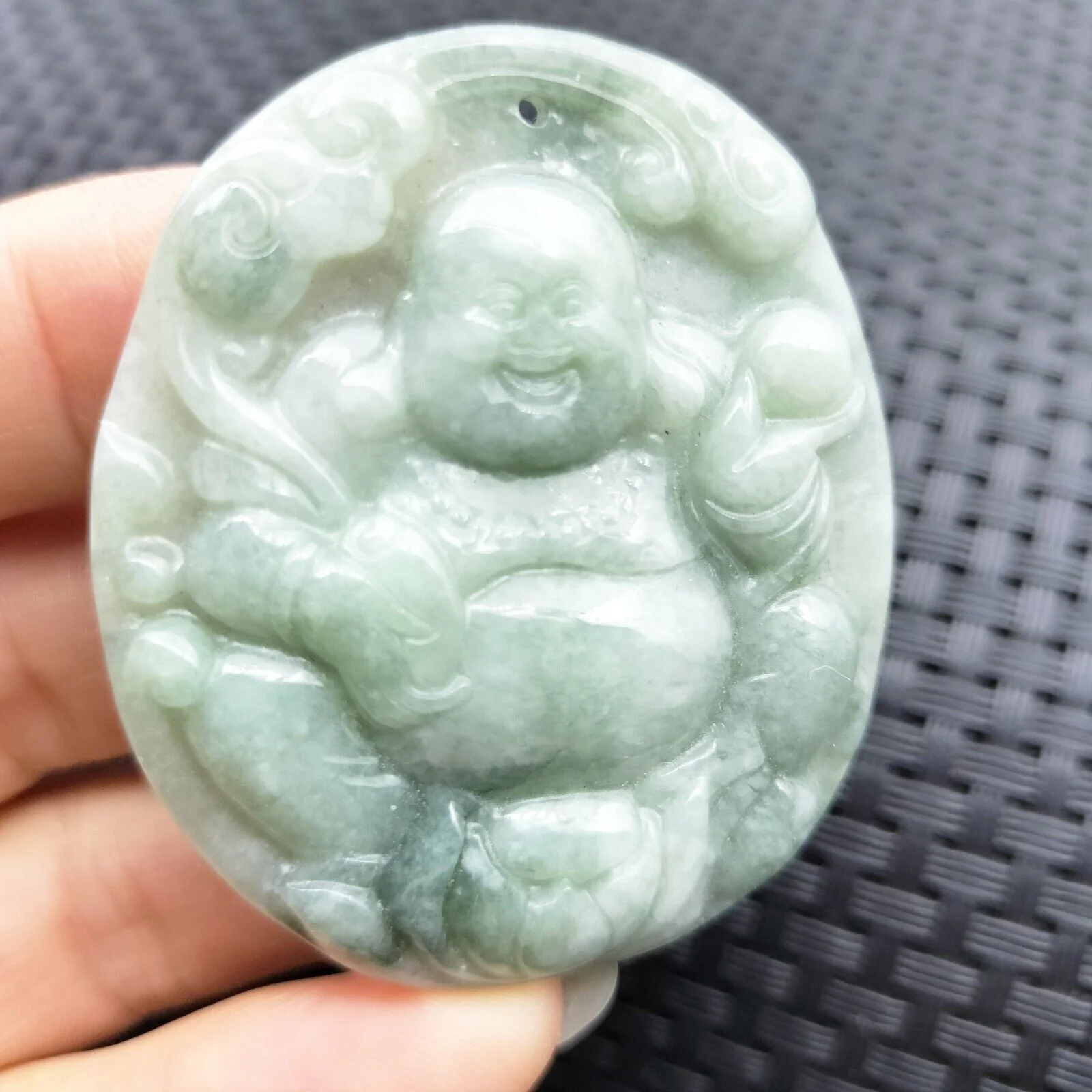 Certified Light Green Natural A Jadeite Carved Happy Buddha God Ruyi Pendant Necklace - Image 3
