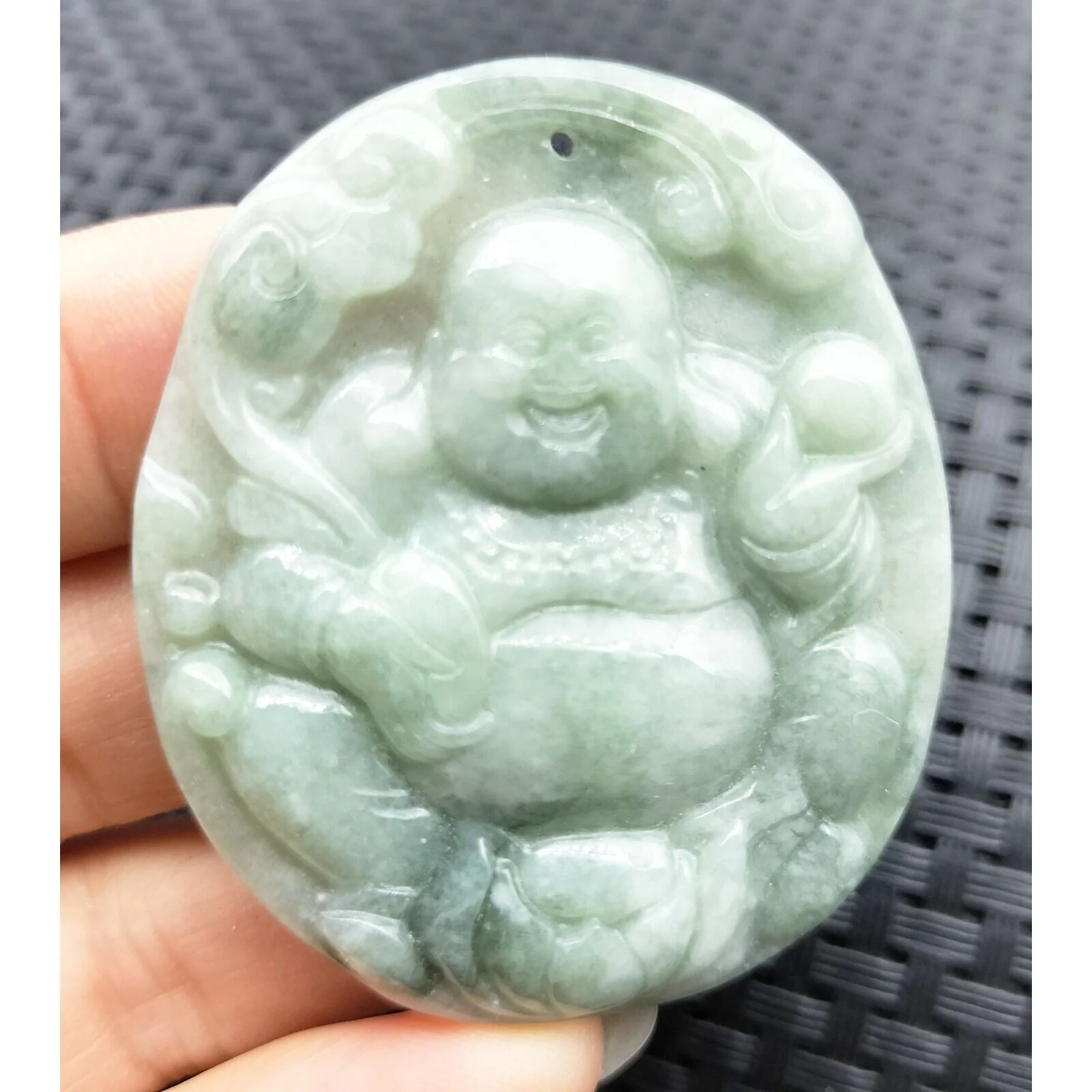 Certified Light Green Natural A Jadeite Carved Happy Buddha God Ruyi Pendant Necklace - Image 4