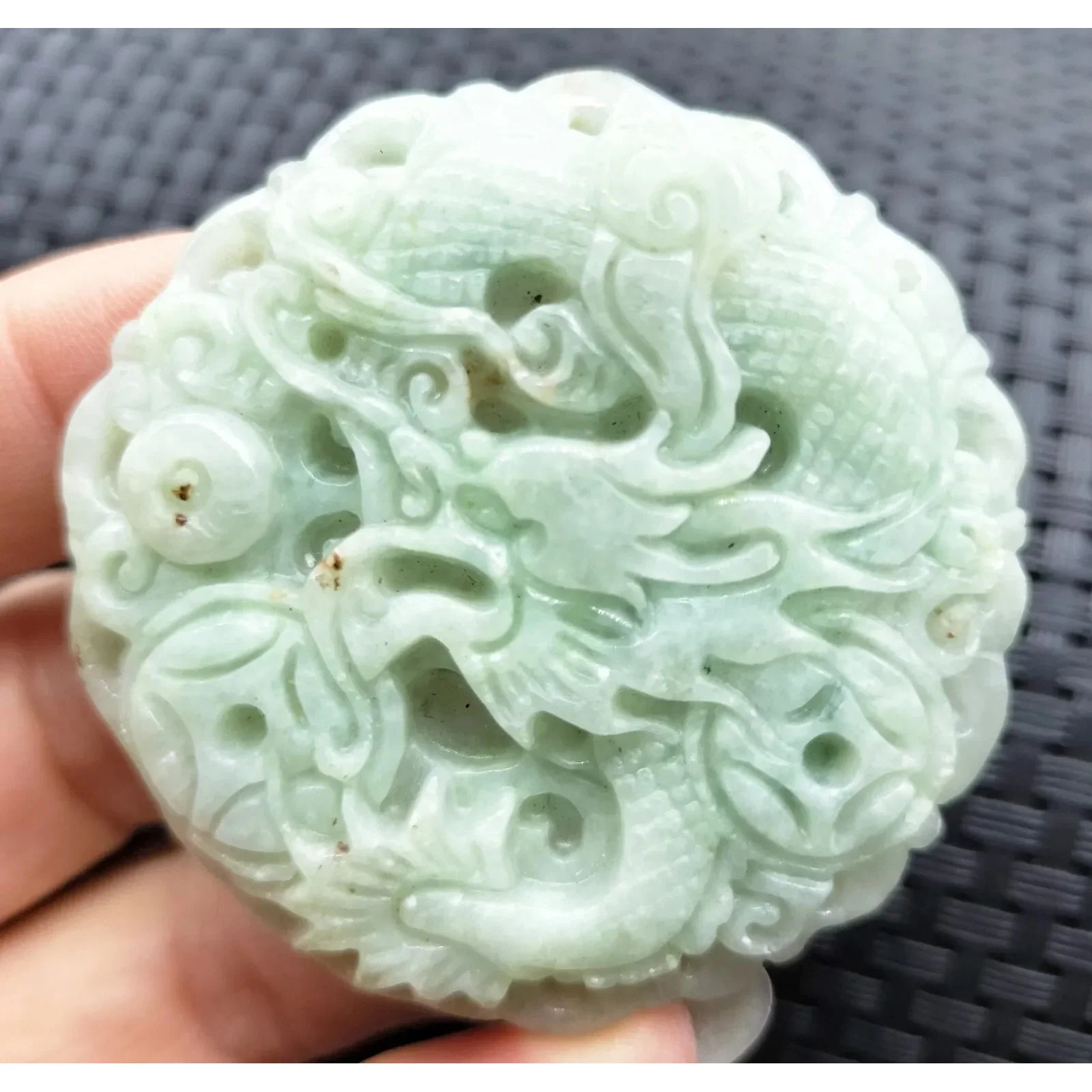 Certified Light Green Natural Type A Jade Jadeite Carved Dragon Coin Pendant - Image 2