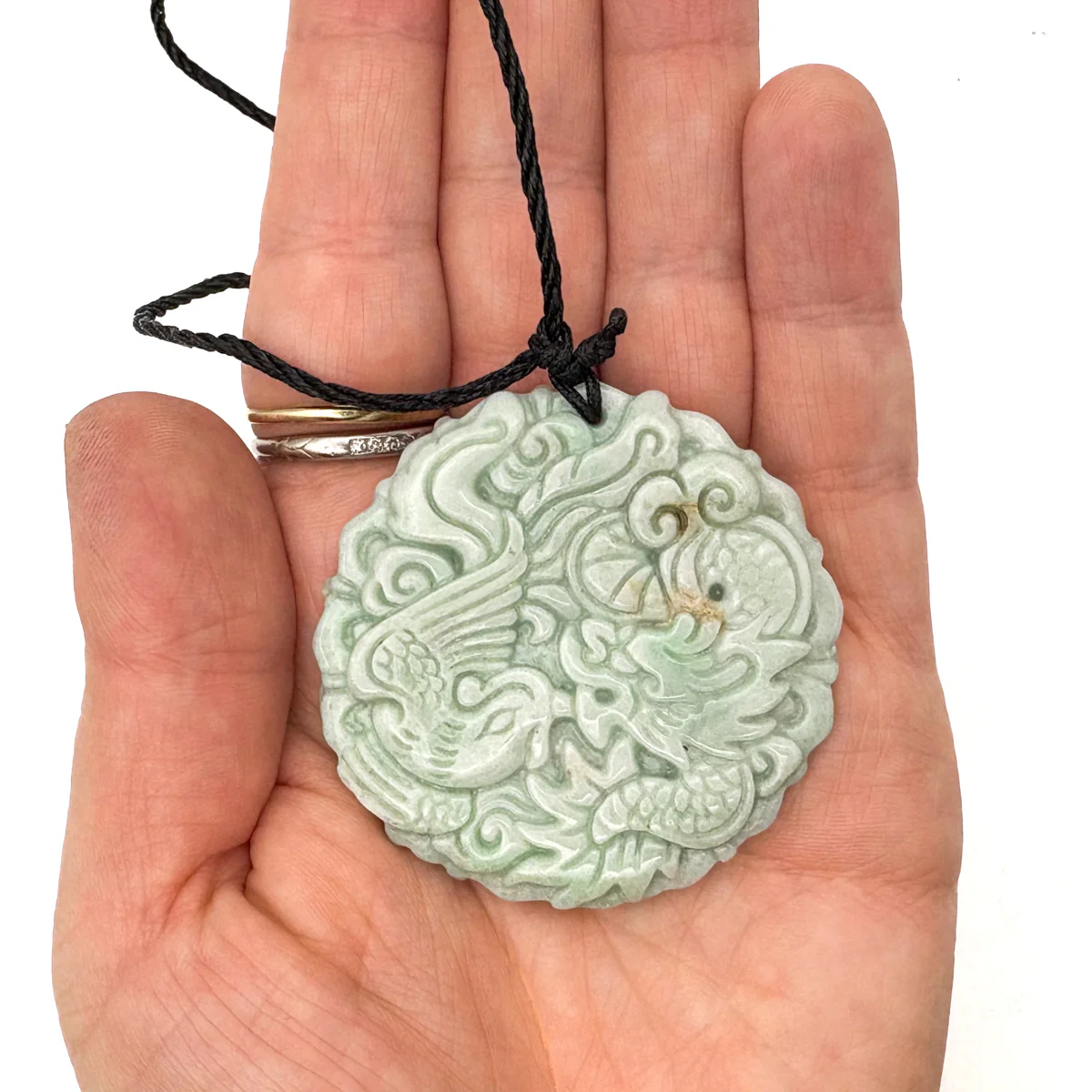Certified Light Green Natural Type A Jade Jadeite Carved Dragon Phoenix Pendant - Image 11