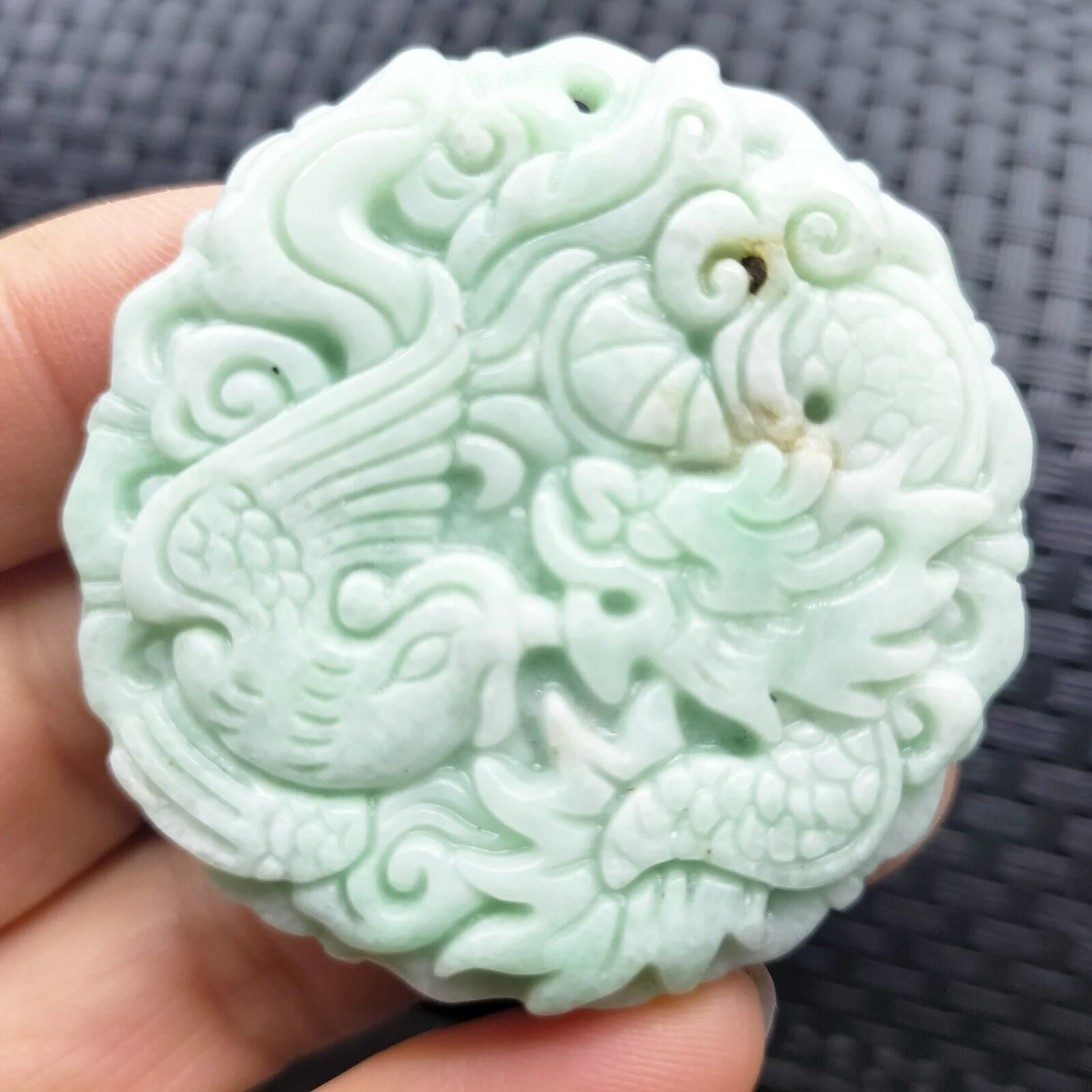 Certified Light Green Natural Type A Jade Jadeite Carved Dragon Phoenix Pendant - Image 14