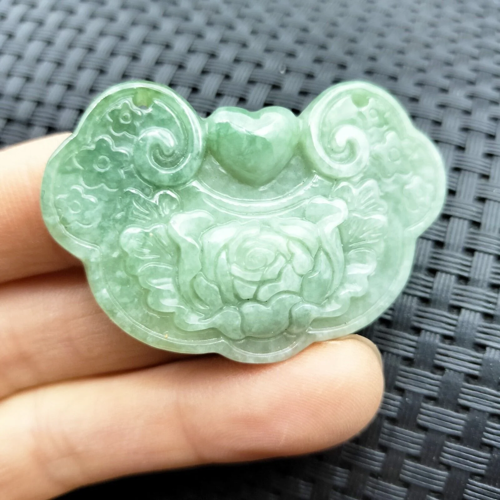 Certified Light Green Natural Type A Jade Jadeite Carved Flower Lock Pendant - Image 2