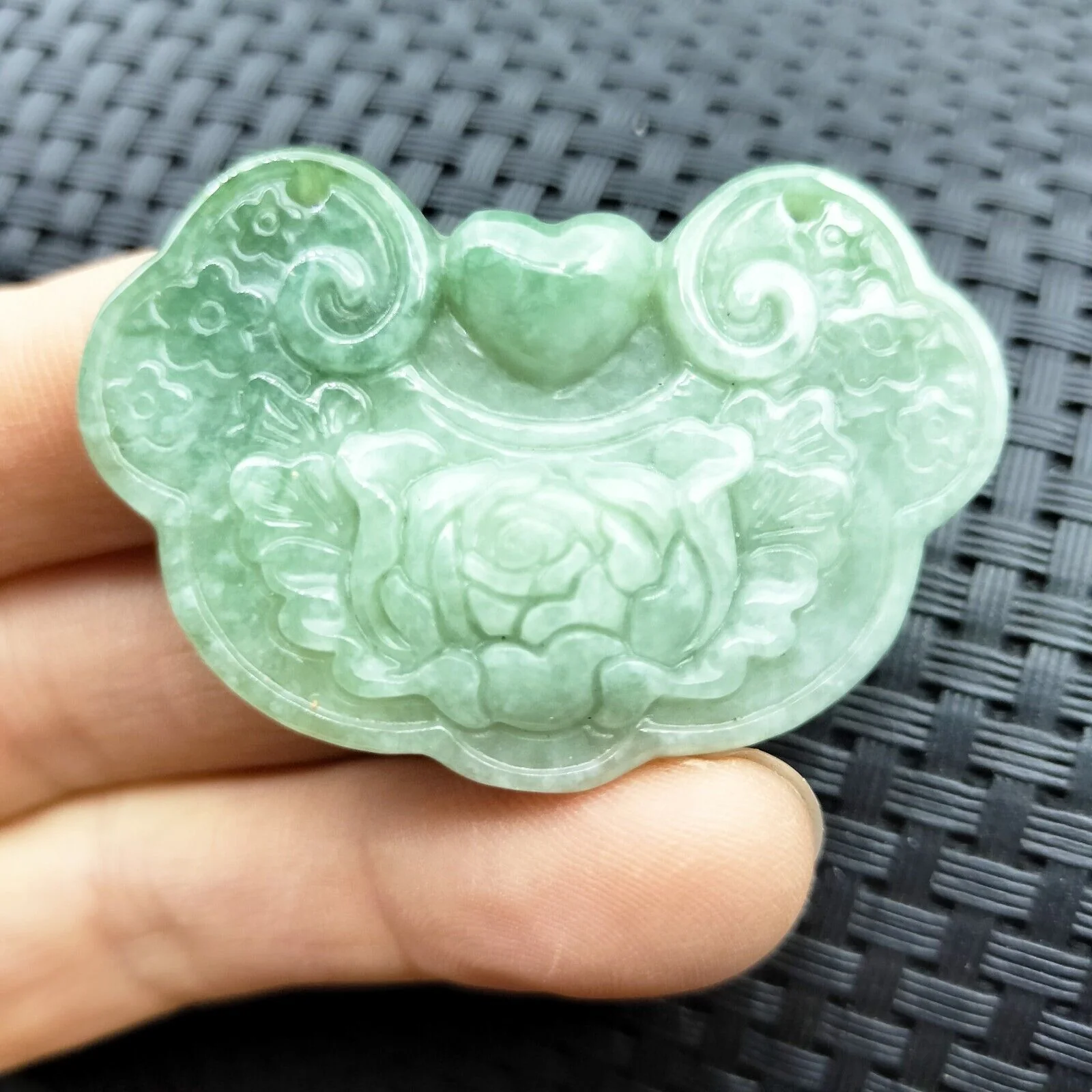 Certified Light Green Natural Type A Jade Jadeite Carved Flower Lock Pendant - Image 3
